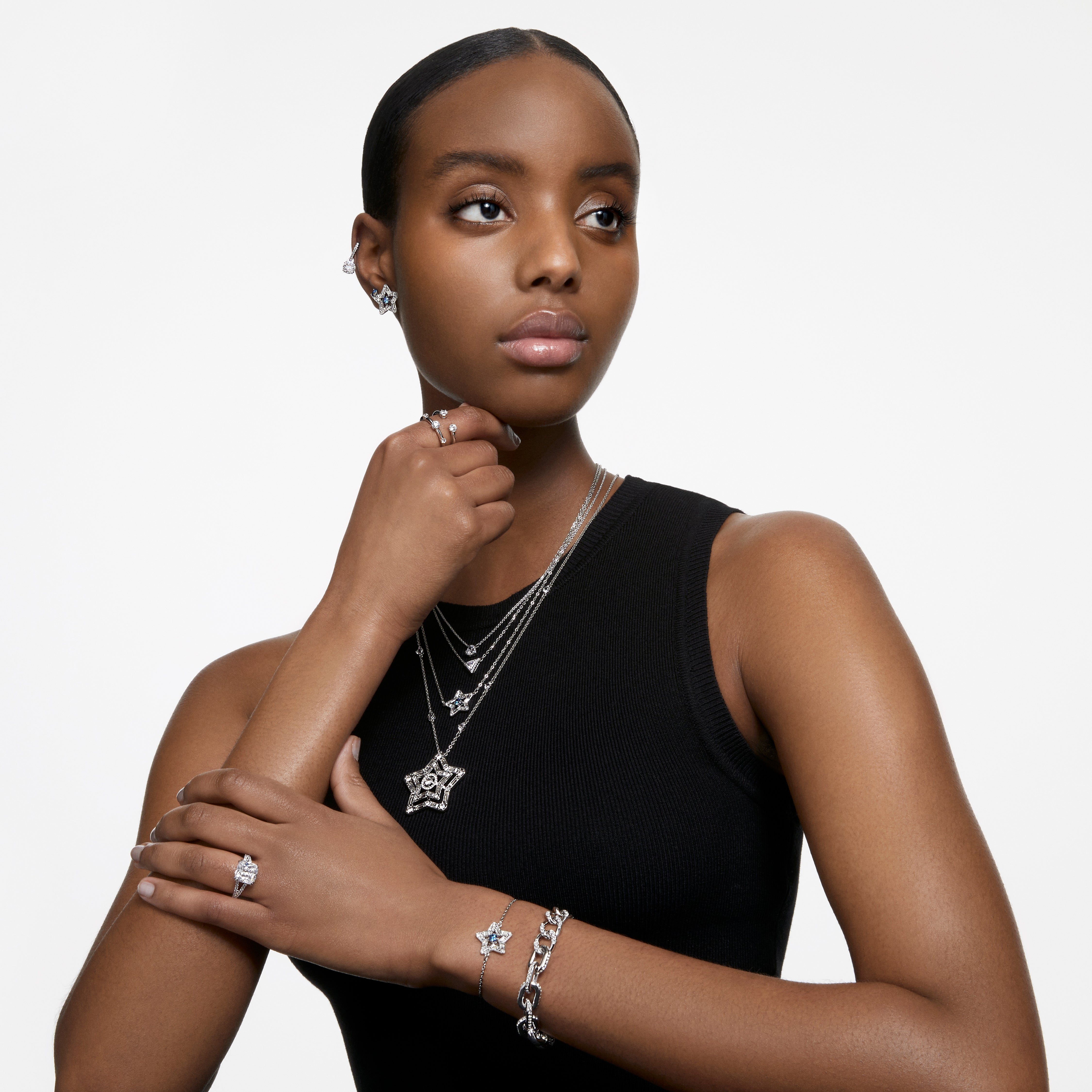 Stilla Kokteyl Yüzük, Kare Kesim, Pavé, Beyaz, Rodyum Kaplama