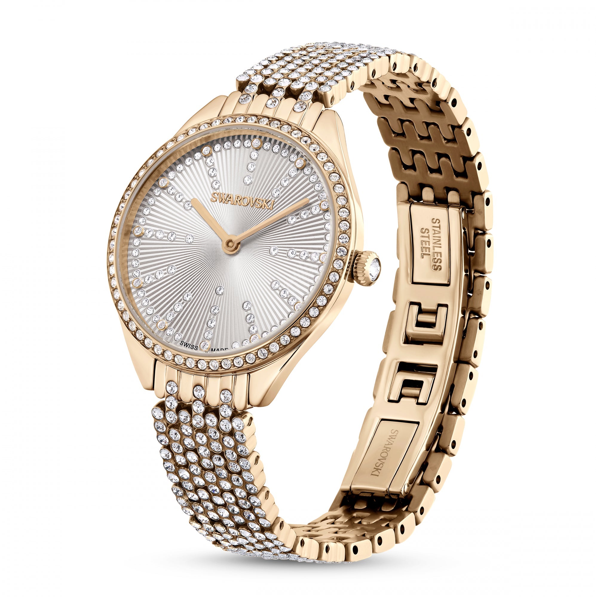 Attract Saat, Full Pave, Metal Bileklik, Beyaz, Pembe Altın Rengi Kaplama