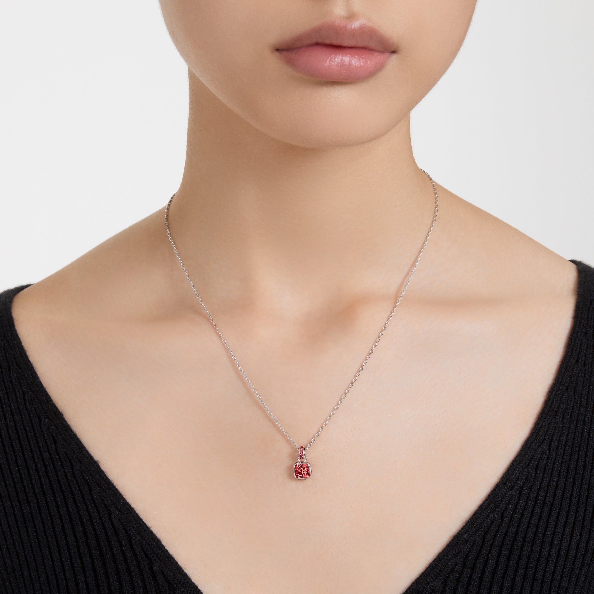Birthstone Kolye, Kare Kesim, Temmuz, Kırmızı, Rodyum Kaplama