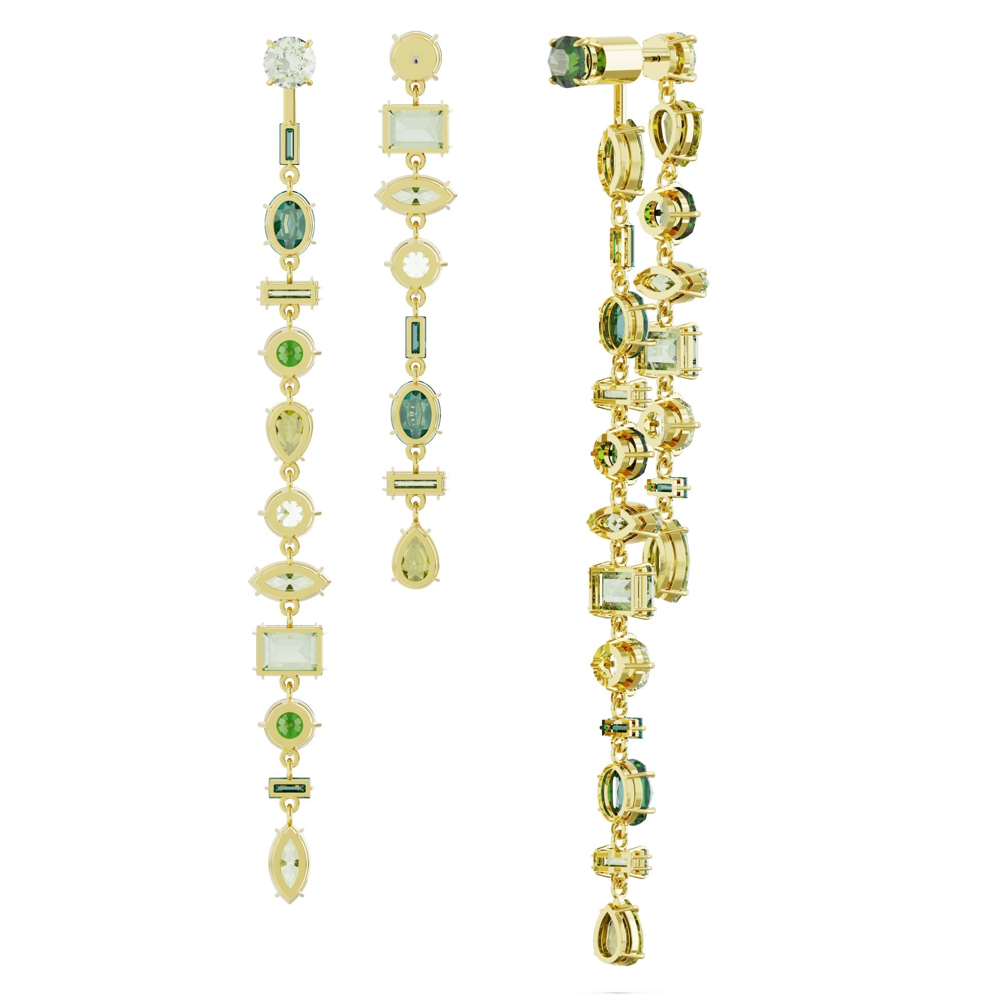 Gema Drop Küpe, Asymmetrical Design, Mixed Cut, Extra Long, Yeşil, Sarı Altın Rengi Kaplama