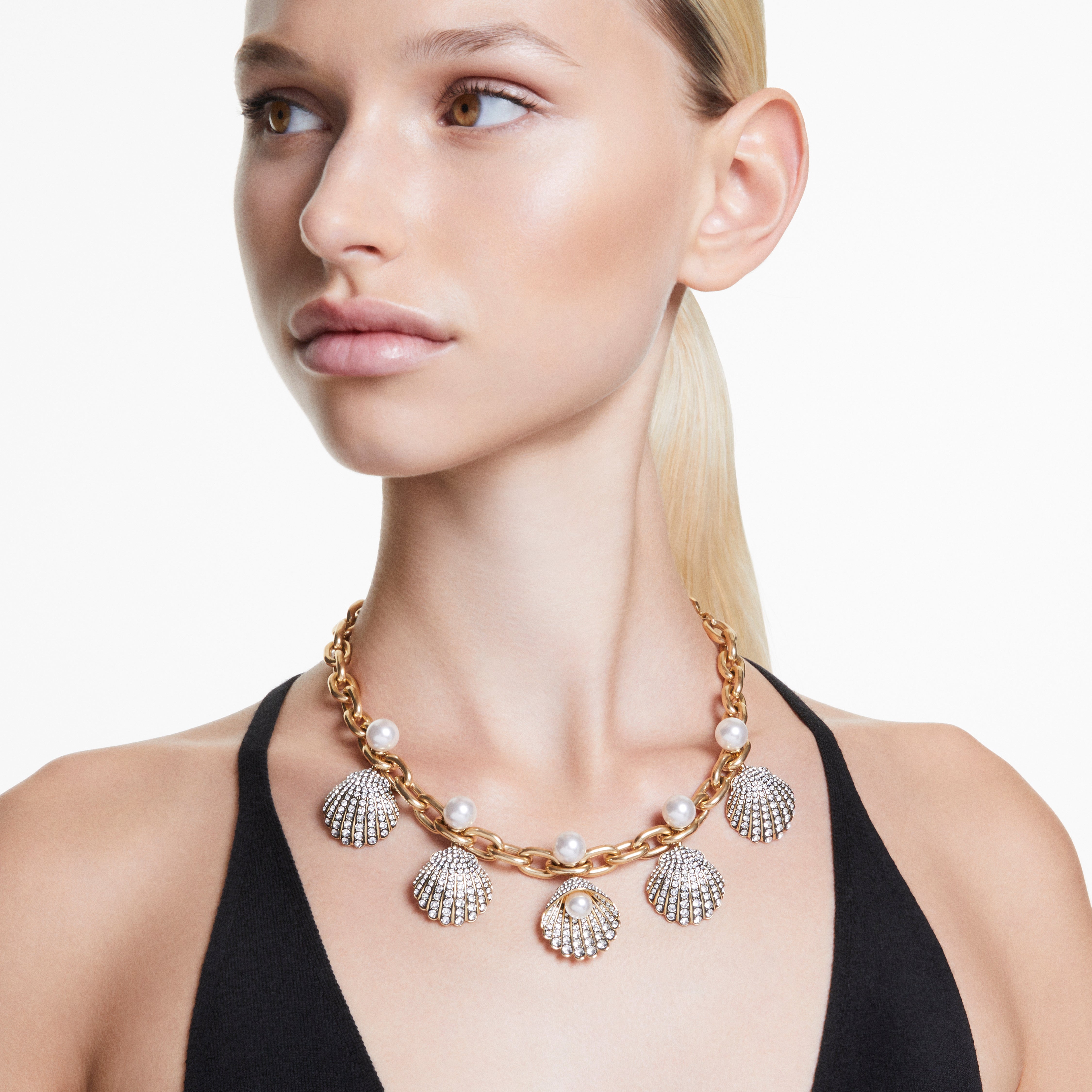 Idyllia Kolye, Kristal İnci, Deniz Kabuğu, Beyaz, Altin Rengi Kaplama