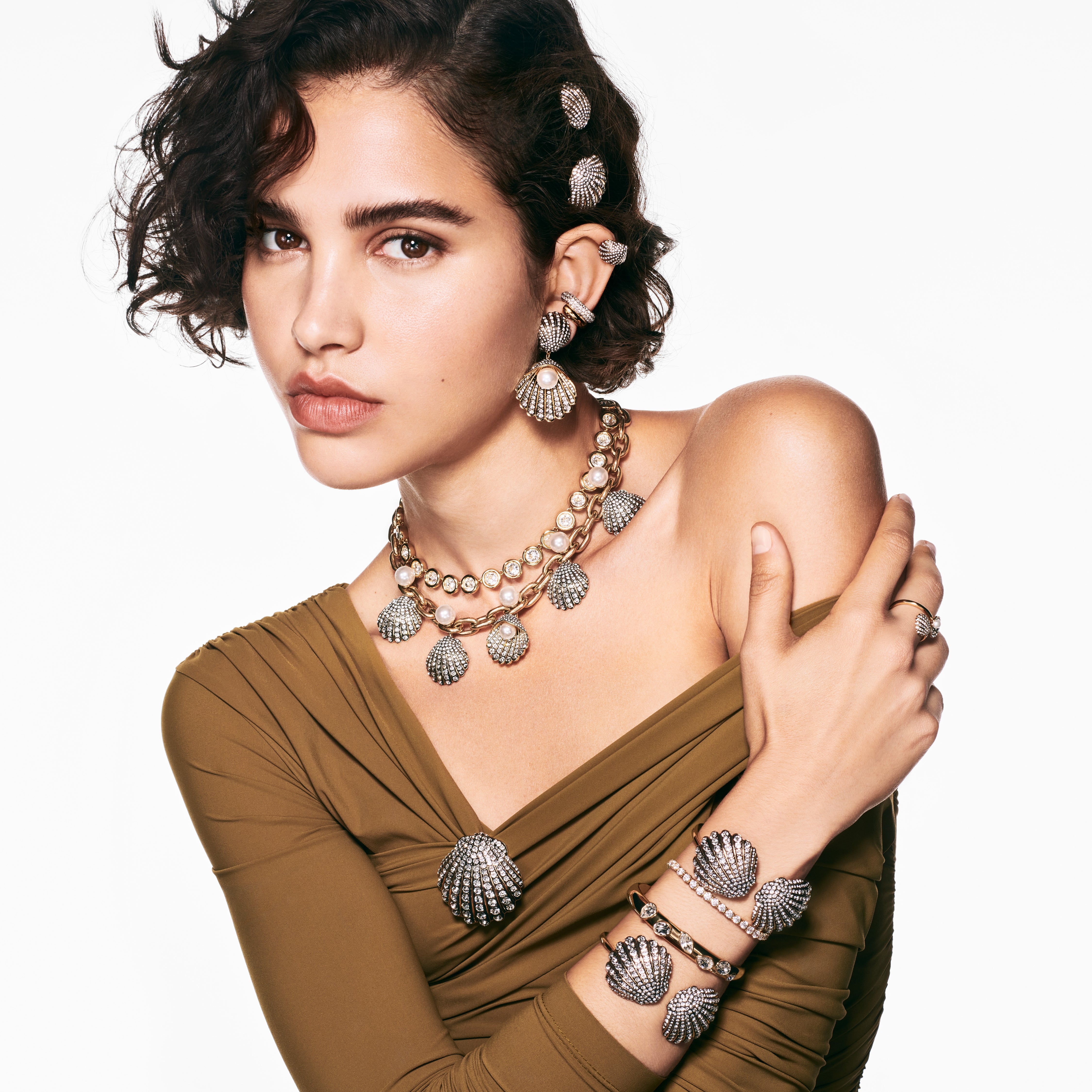 Idyllia Kolye, Kristal İnci, Deniz Kabuğu, Beyaz, Altin Rengi Kaplama