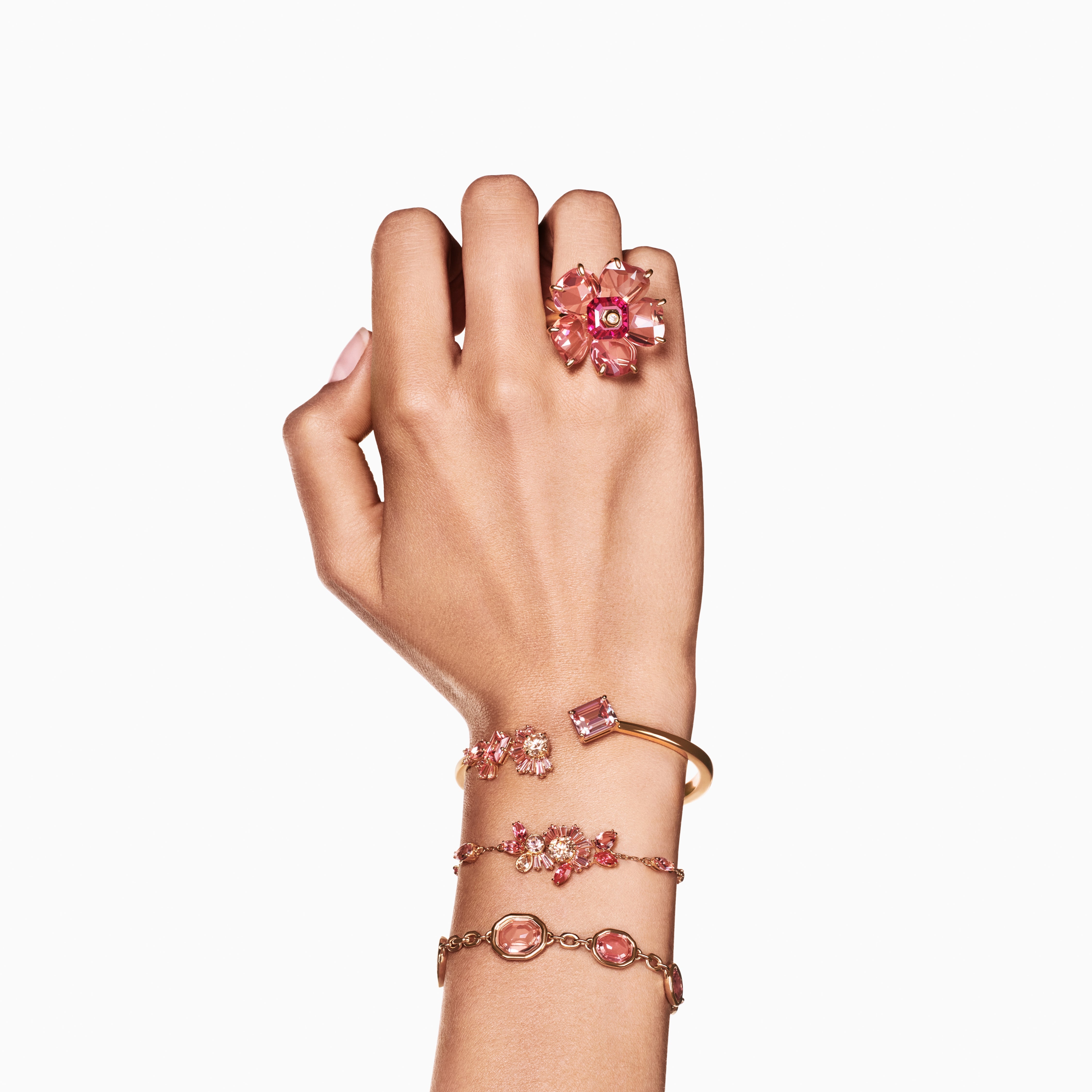 Gema Bileklik, Mixed Cut, Pembe, Altin Rengi Kaplama, L