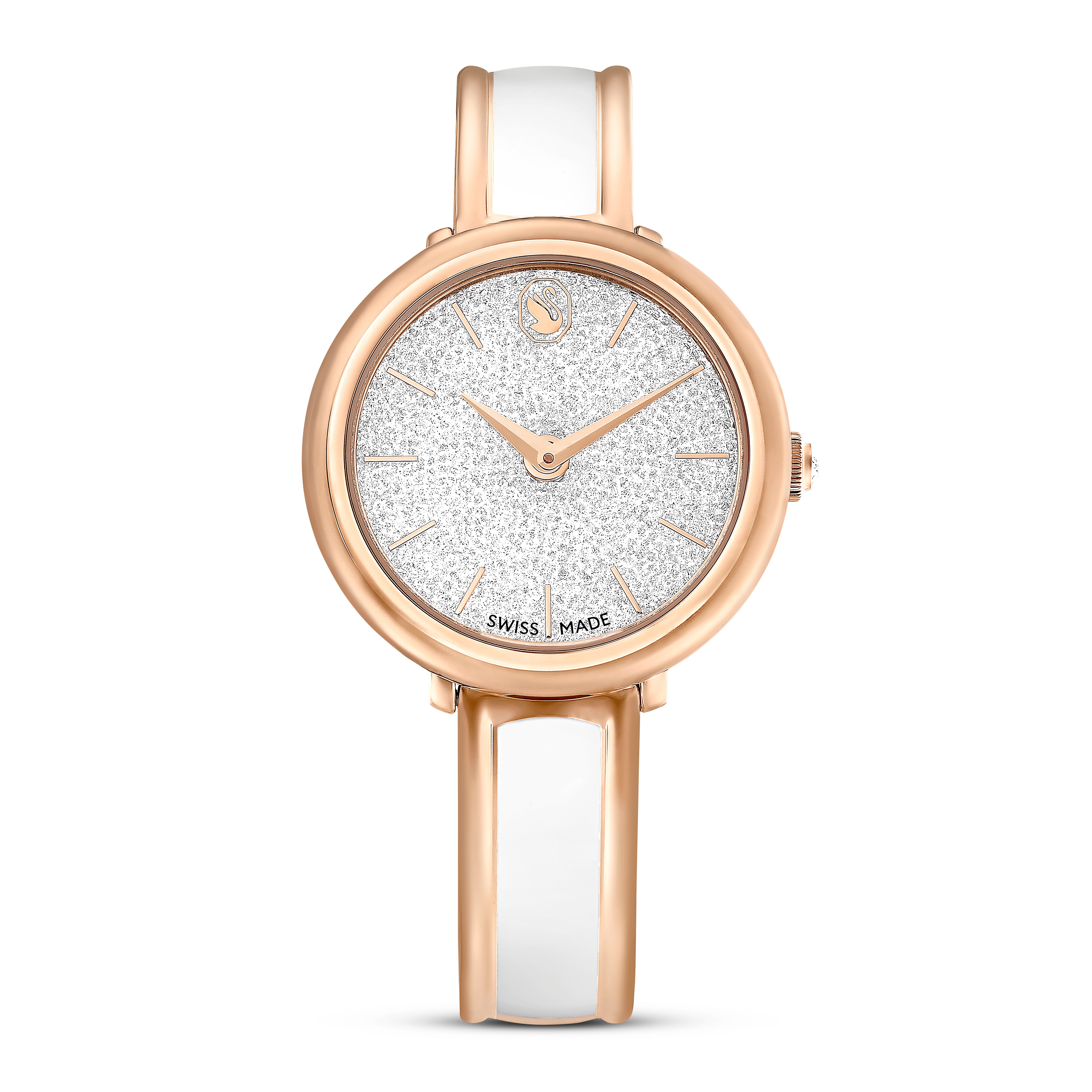 Crystalline Bangle Saat, Swiss Made, Metal Bileklik, Beyaz, Pembe Altin Rengi Kaplama