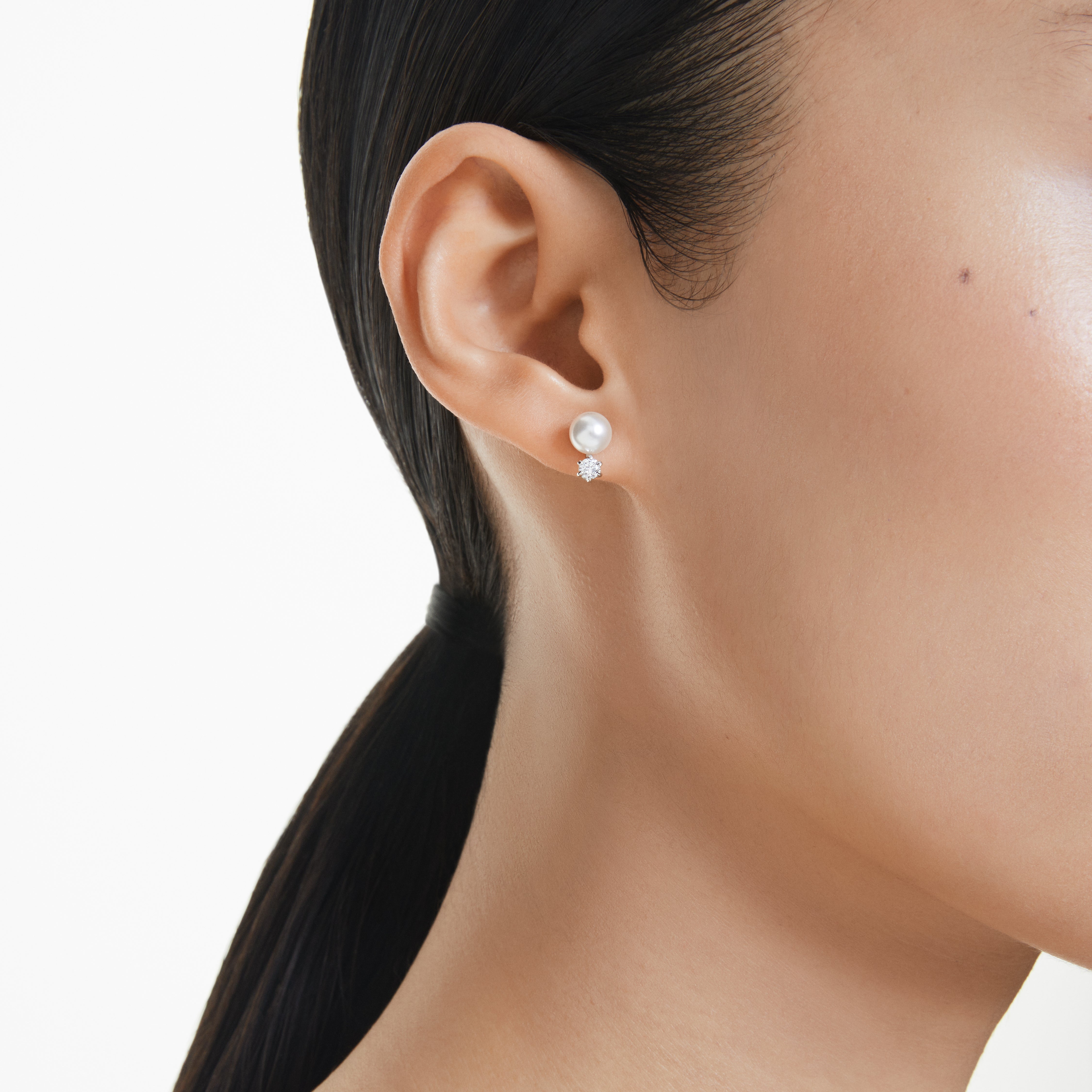Matrix Stud Küpe, Kristal İnci, Round Cut, Beyaz, Rodyum Kaplama