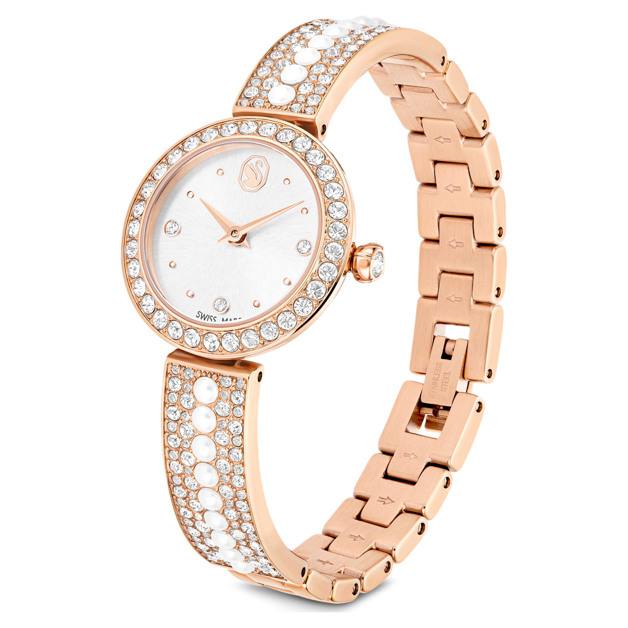 Matrix Pearl Bangle Halka Bileklik Saat, İsviçre Üretimi, Kristal bileklik, Pembe Altın Rengi Yüzey