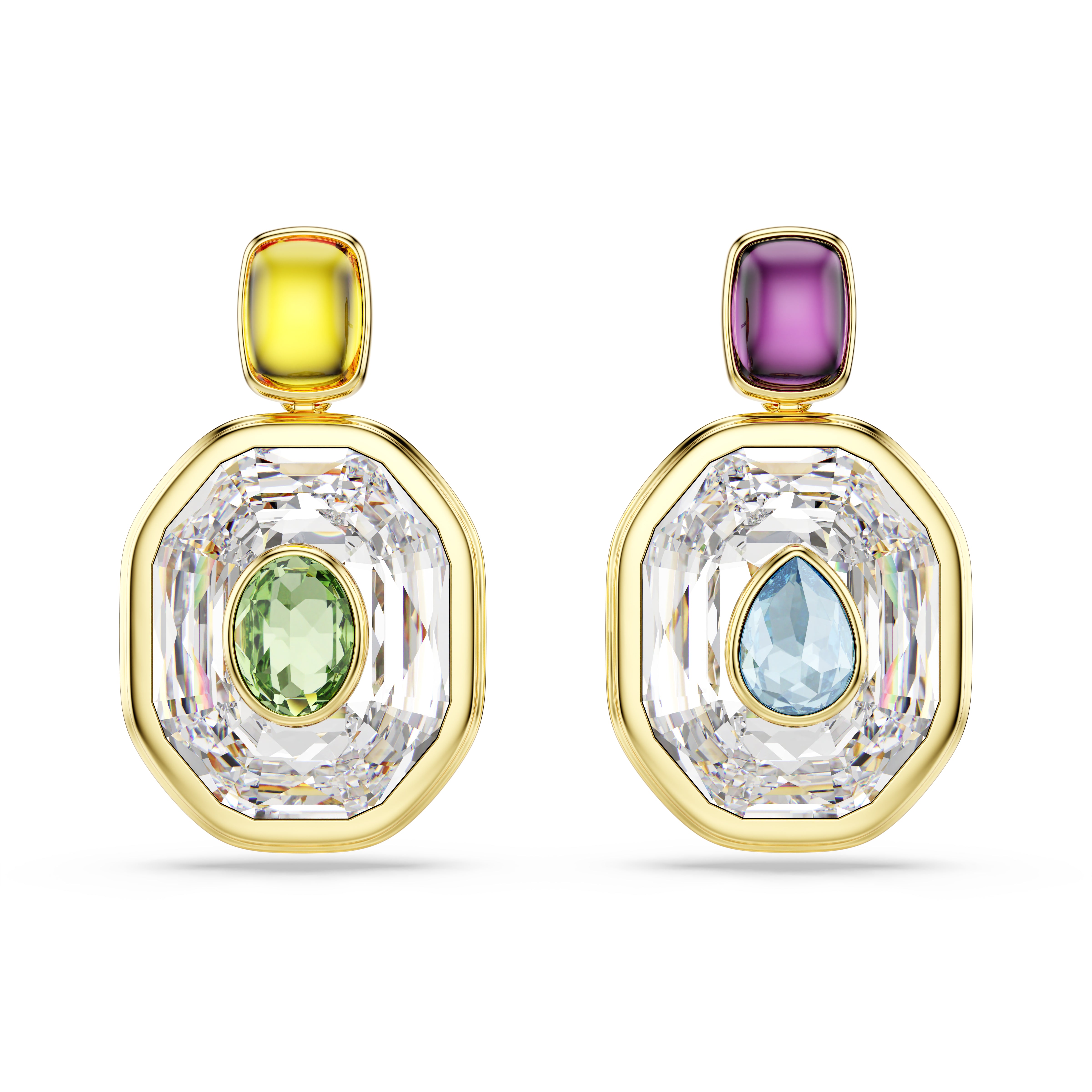 Chroma Damla Küpe, Asimetrik Dizayn, Octagon Kesim, Çok Renkli, Altin Rengi Kaplama