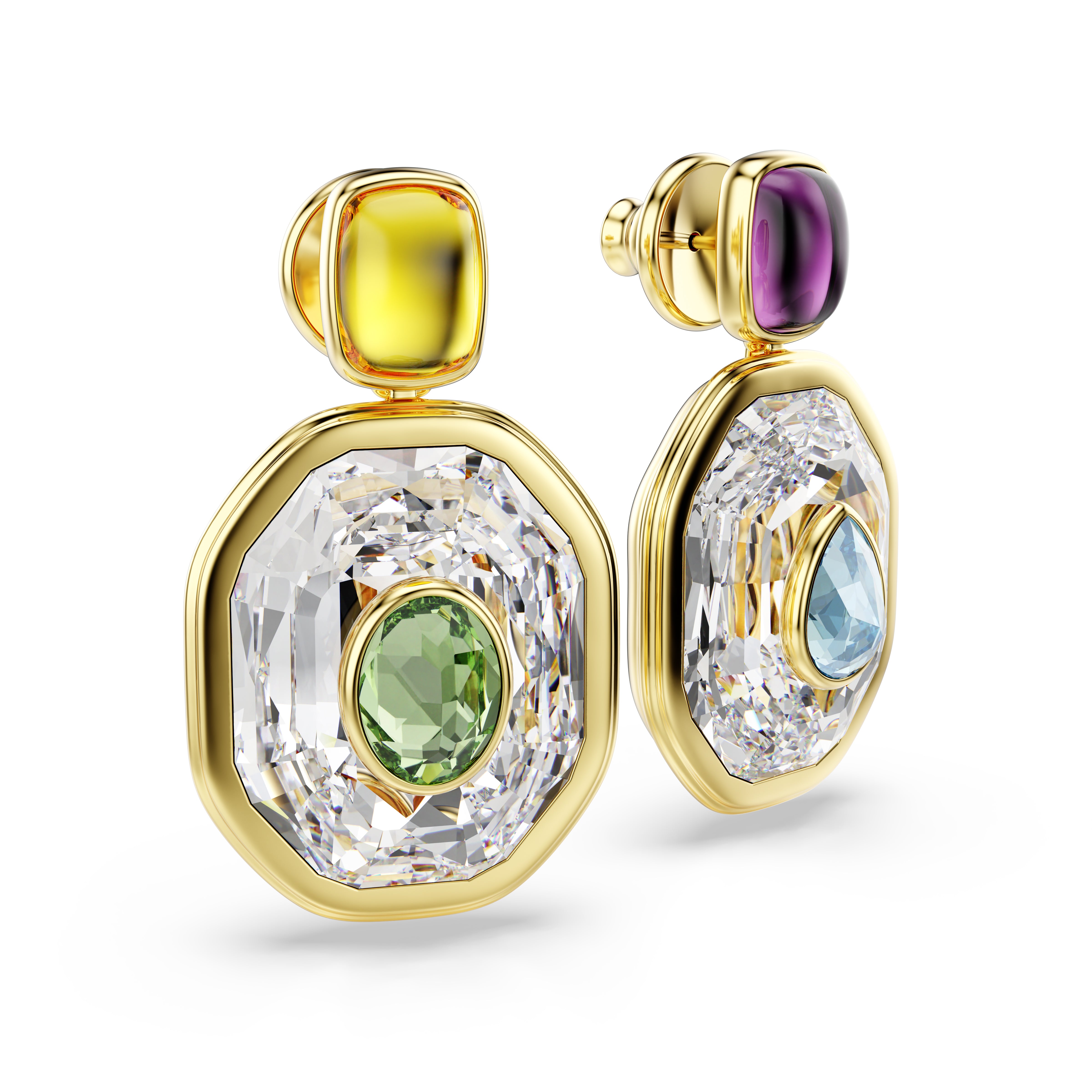 Chroma Damla Küpe, Asimetrik Dizayn, Octagon Kesim, Çok Renkli, Altin Rengi Kaplama