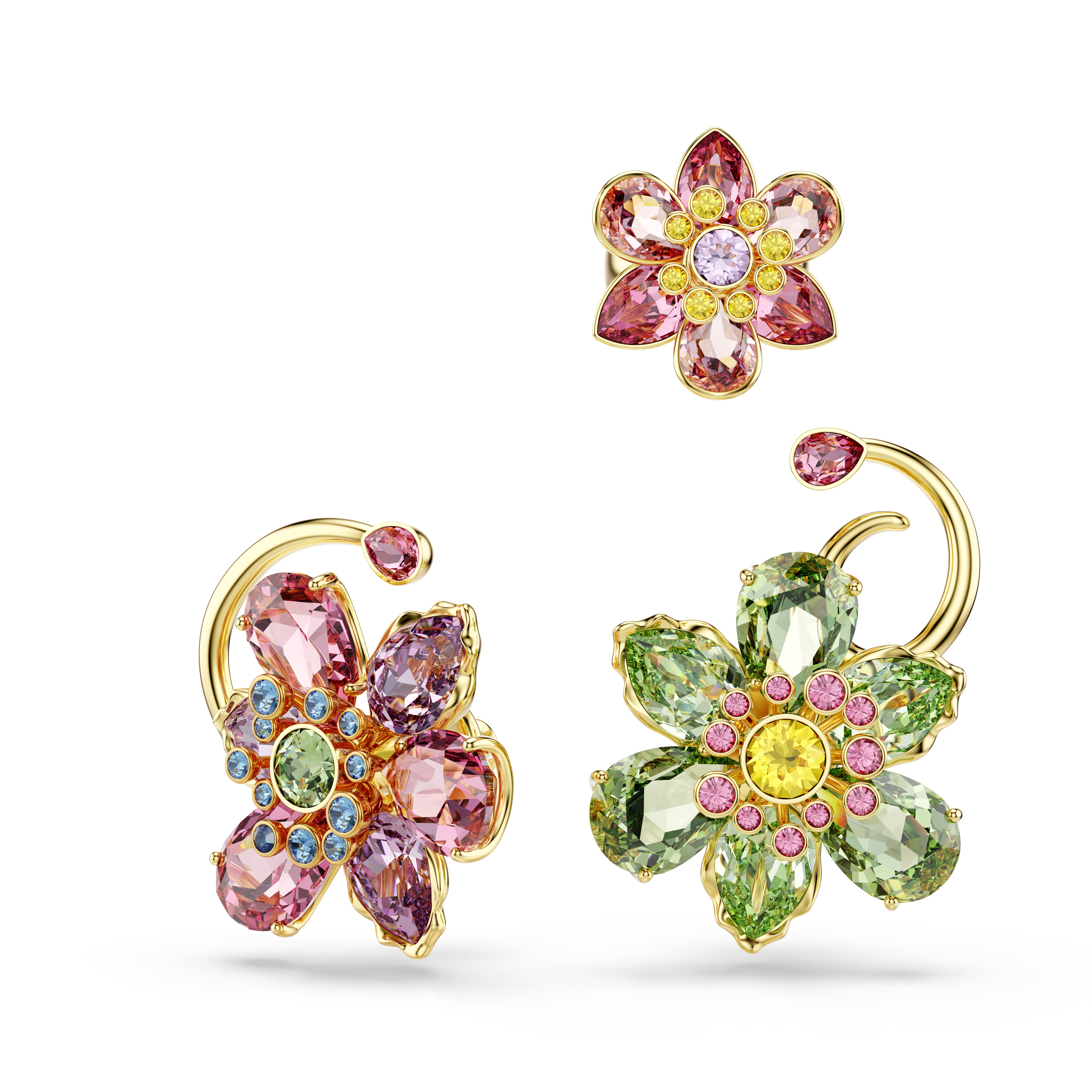 Idyllia Earcuff, Set (3), Asimetrik Dizayn, Karişik Kesim, Çiçek, Çok Renkli, Altin Rengi Kaplama