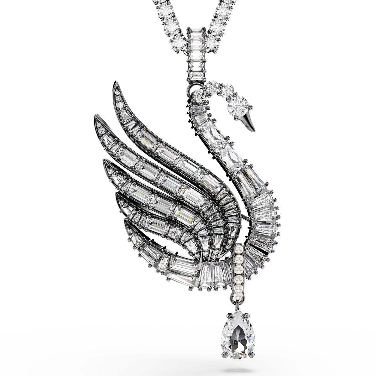 Swan Kolye ve Broş, Kuğu, Beyaz, Rutenyum Kaplama