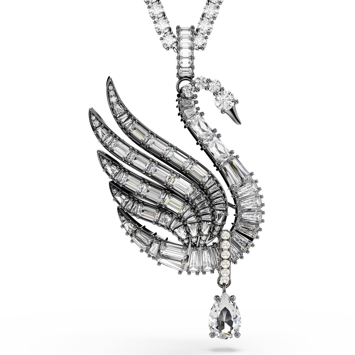 Swan Kolye ve Broş, Kuğu, Beyaz, Rutenyum Kaplama