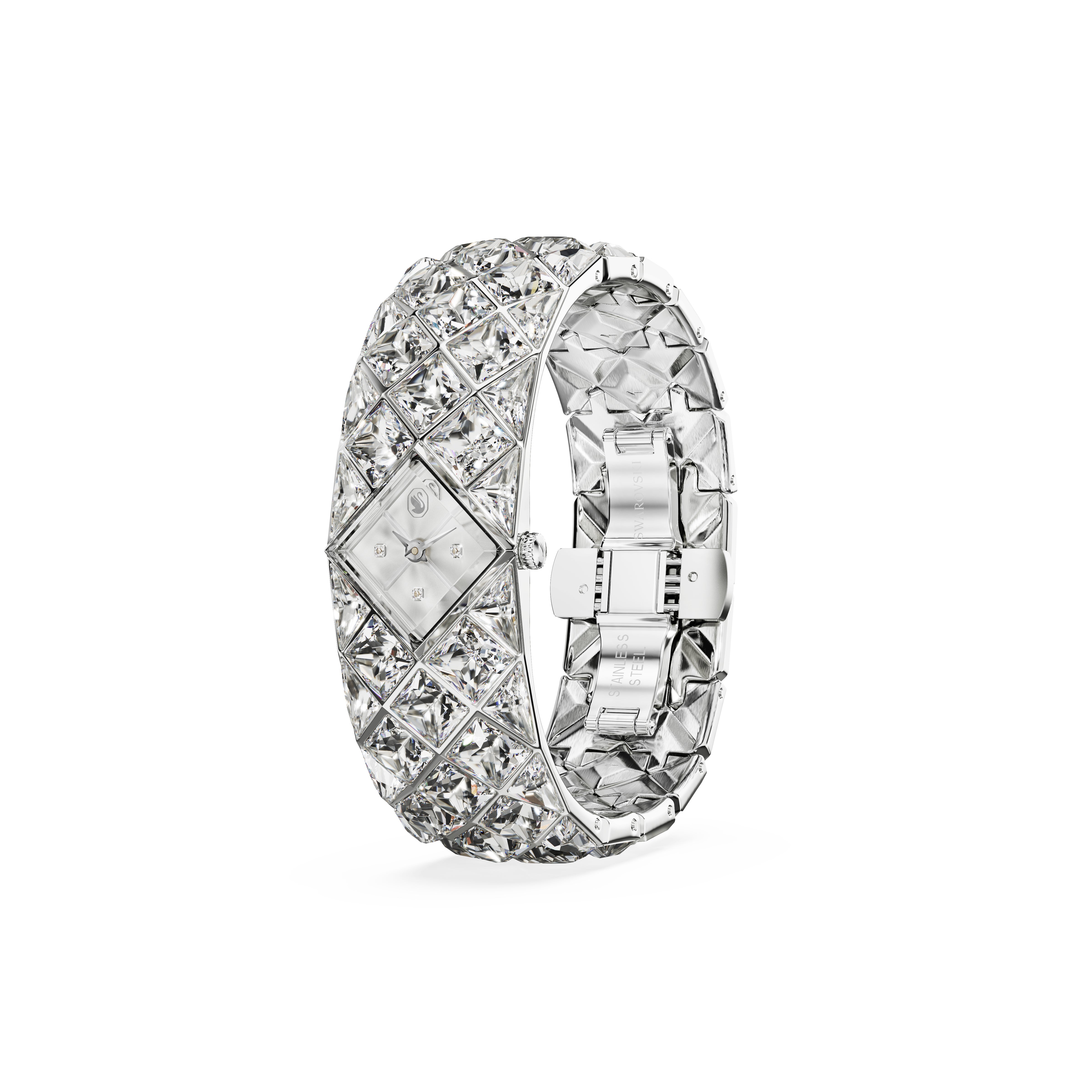 Curiosa Bangle Saat, İsviçre Üretimi, Kristal Bileklik, Gümüş Ton, Paslanmaz Çelik