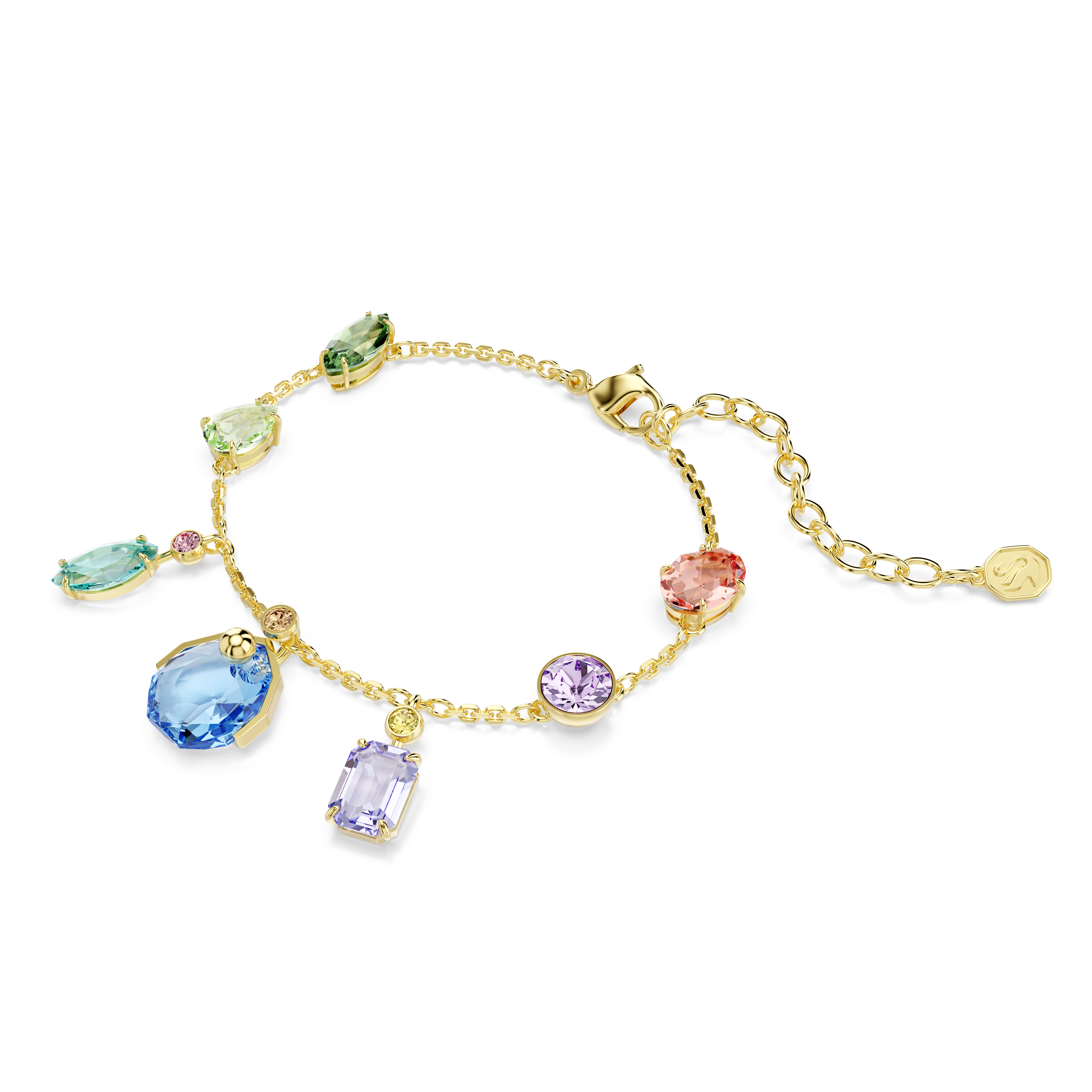 Gema Bileklik, Karişik Kesim, Sallantili Kristaller, Çok Renkli, Sari Altin Rengi Kaplama
