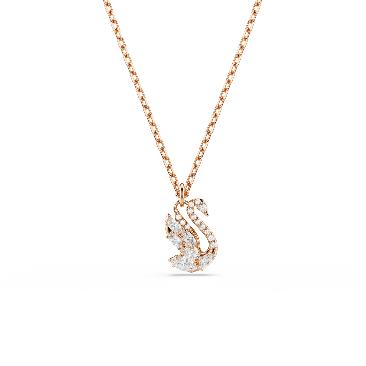 Swan Zincir Kolye, Karışık Kesim, Kuğu, Beyaz, Pembe Altın Rengi Kaplama