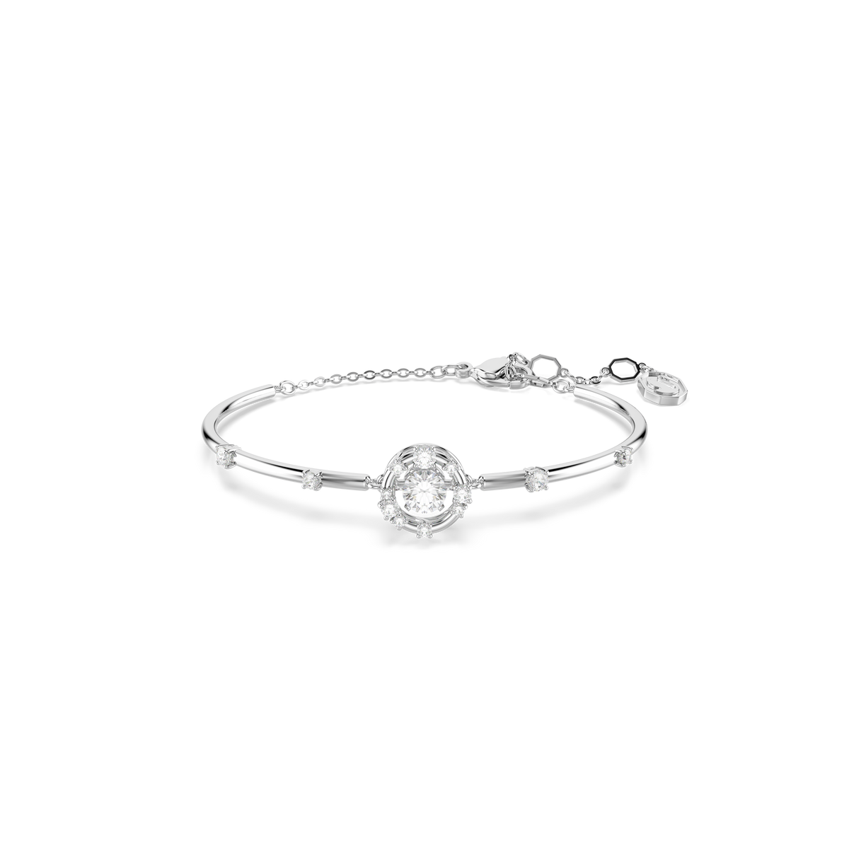 Constella Bangle Bileklik, Yuvarlak Kesim, Dancing Stone, Beyaz, Rodyum Kaplama