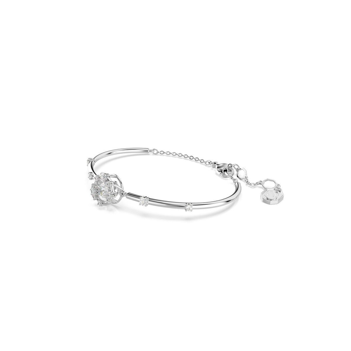 Constella Bangle Bileklik, Yuvarlak Kesim, Dancing Stone, Beyaz, Rodyum Kaplama
