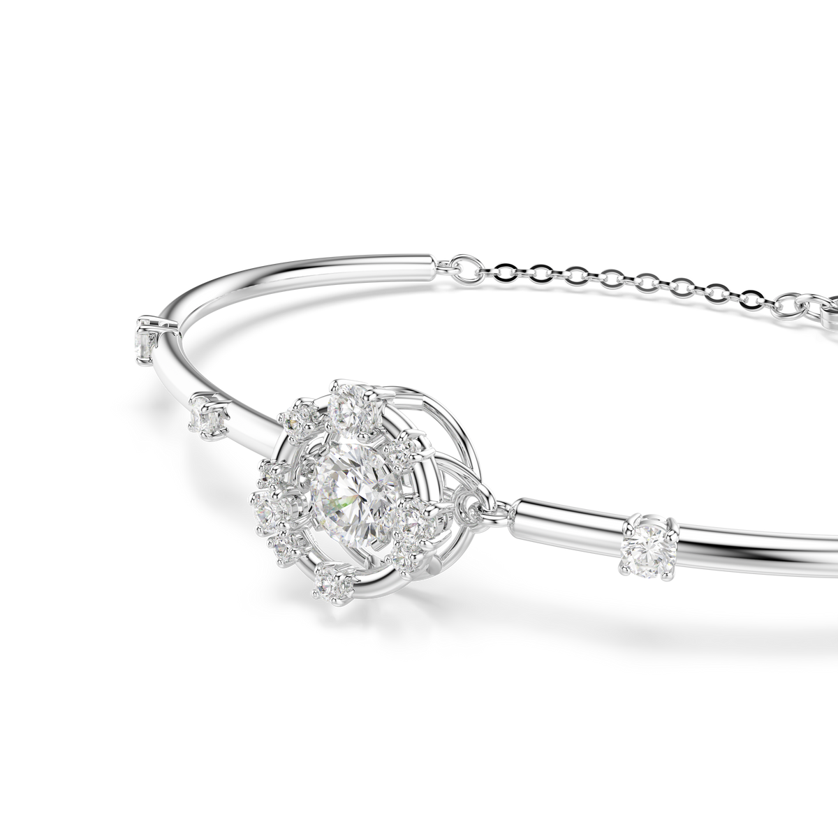 Constella Bangle Bileklik, Yuvarlak Kesim, Dancing Stone, Beyaz, Rodyum Kaplama