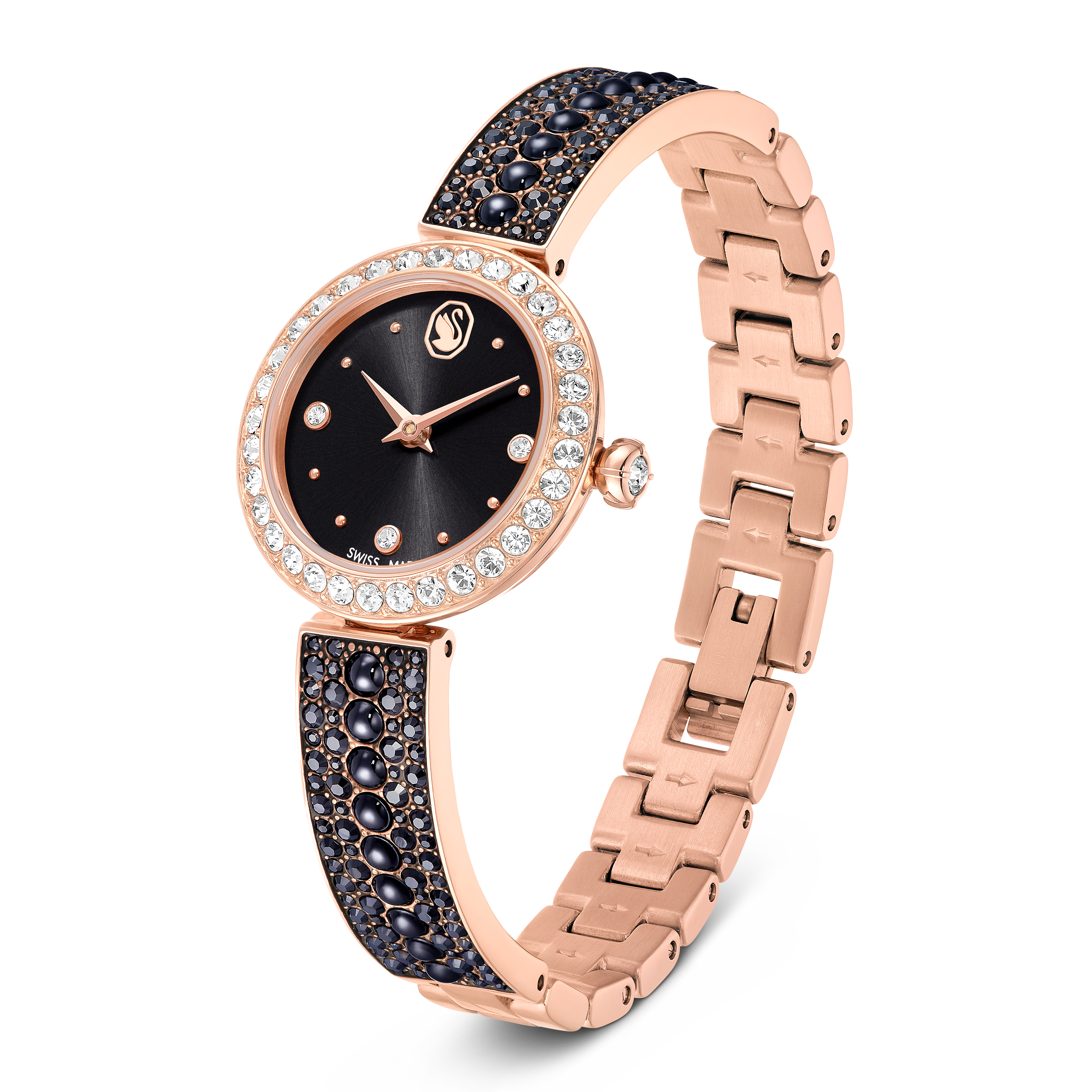 Matrix Pearl Bangle Saat, İsviçre Üretimi, Kristal Bileklik, Siyah, Pembe Altın Rengi Yüzey