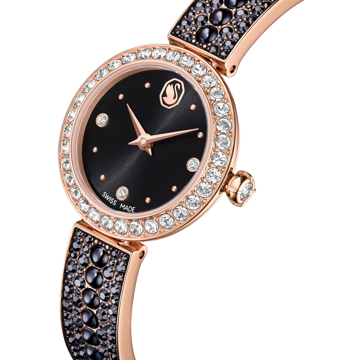 Matrix Pearl Bangle Saat, İsviçre Üretimi, Kristal Bileklik, Siyah, Pembe Altın Rengi Yüzey