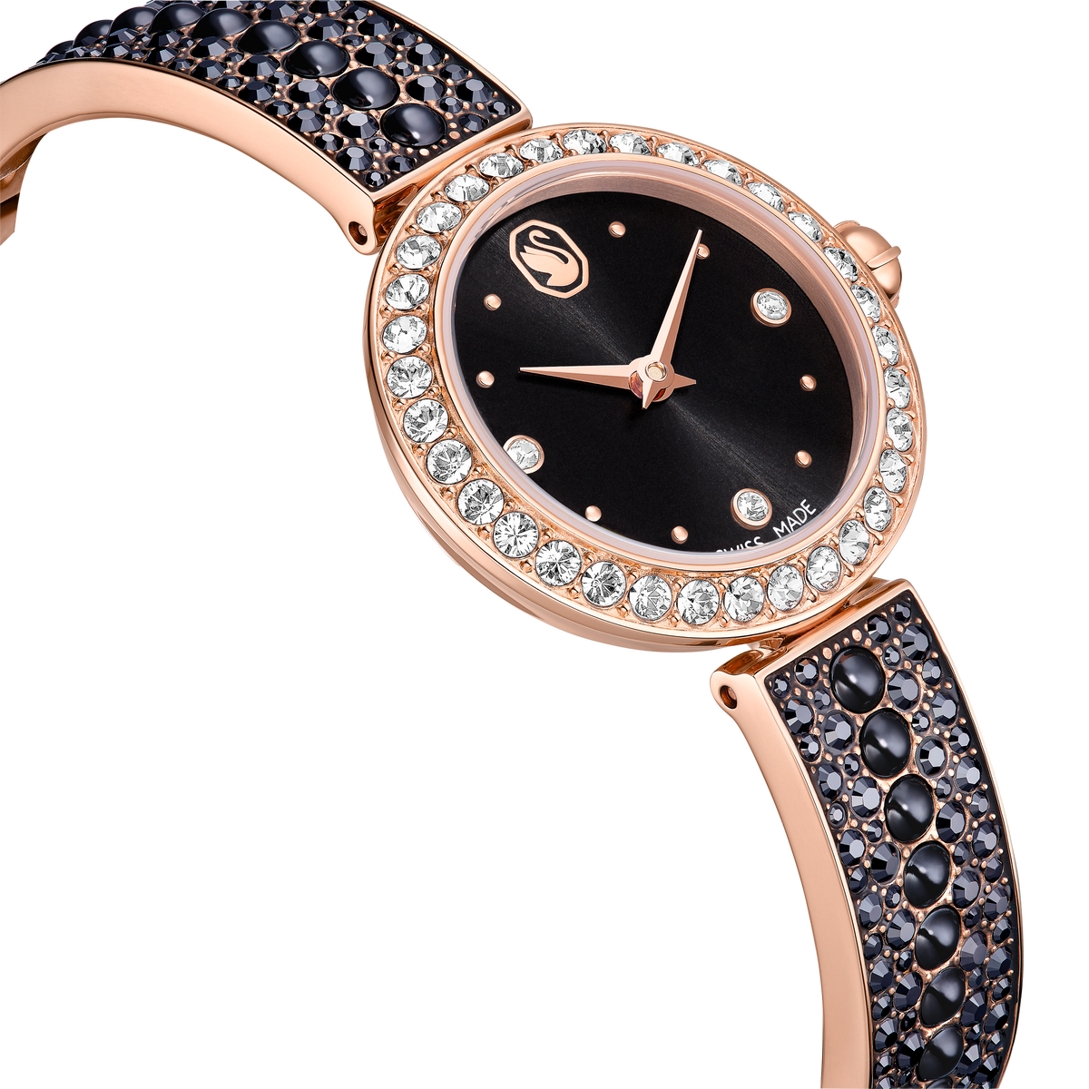 Matrix Pearl Bangle Saat, İsviçre Üretimi, Kristal Bileklik, Siyah, Pembe Altın Rengi Yüzey