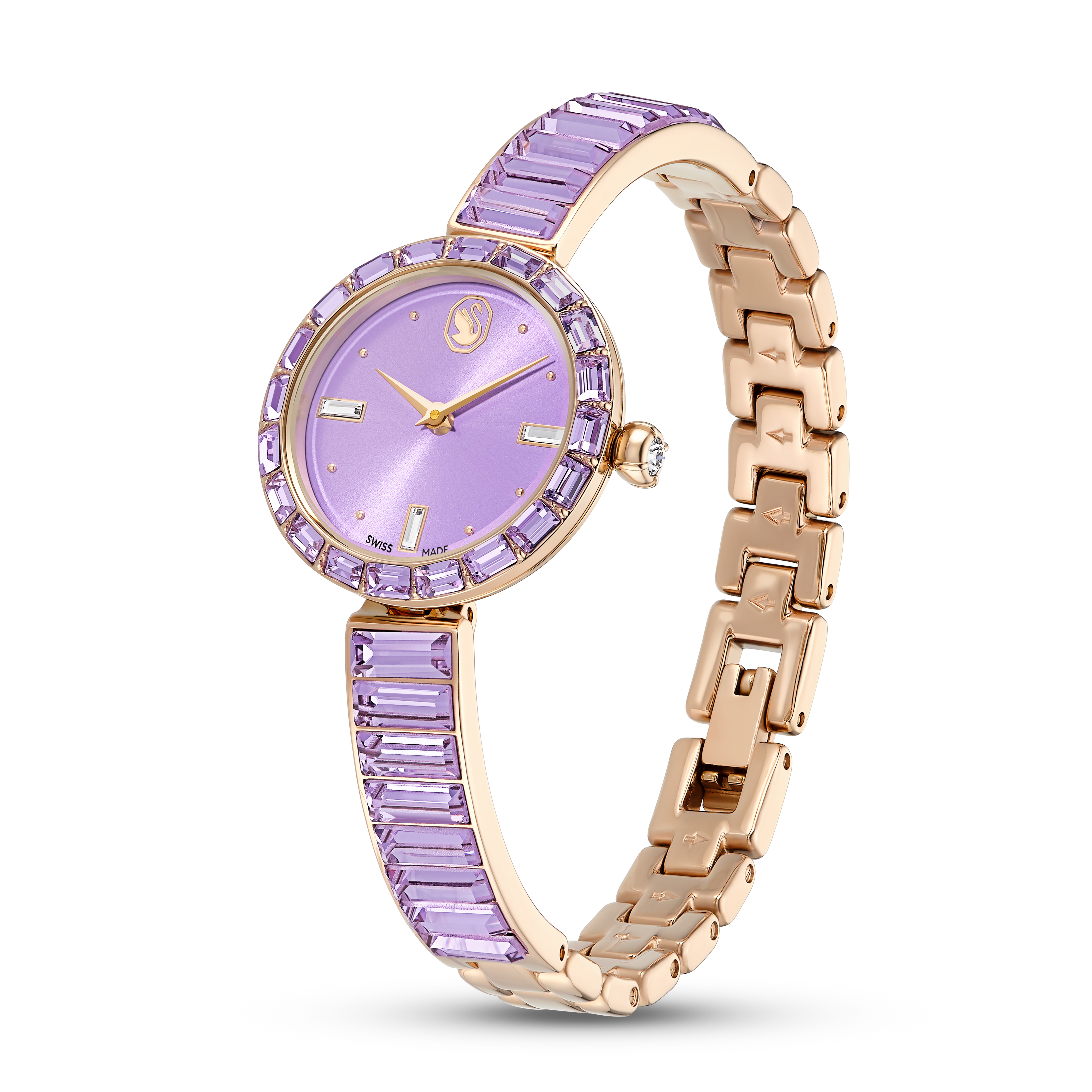 Matrix Bangle Saat, İsviçre Üretimi, Kristal Bangle Bileklik, Mor, Şampanya Altın Rengi Yüzey