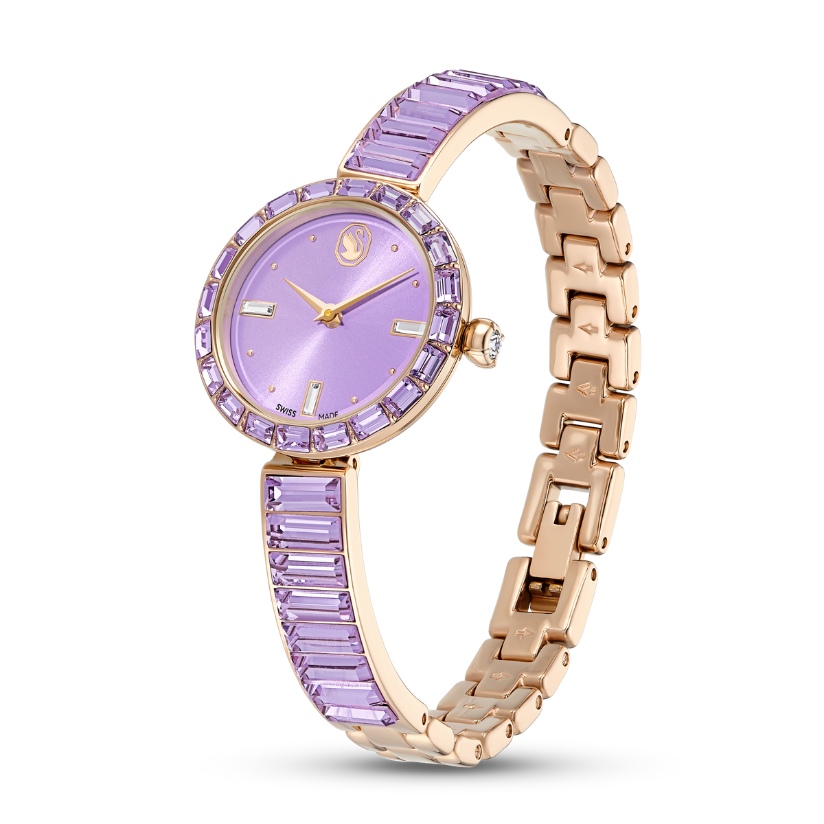 Matrix Bangle Saat, İsviçre Üretimi, Kristal Bangle Bileklik, Mor, Şampanya Altın Rengi Yüzey
