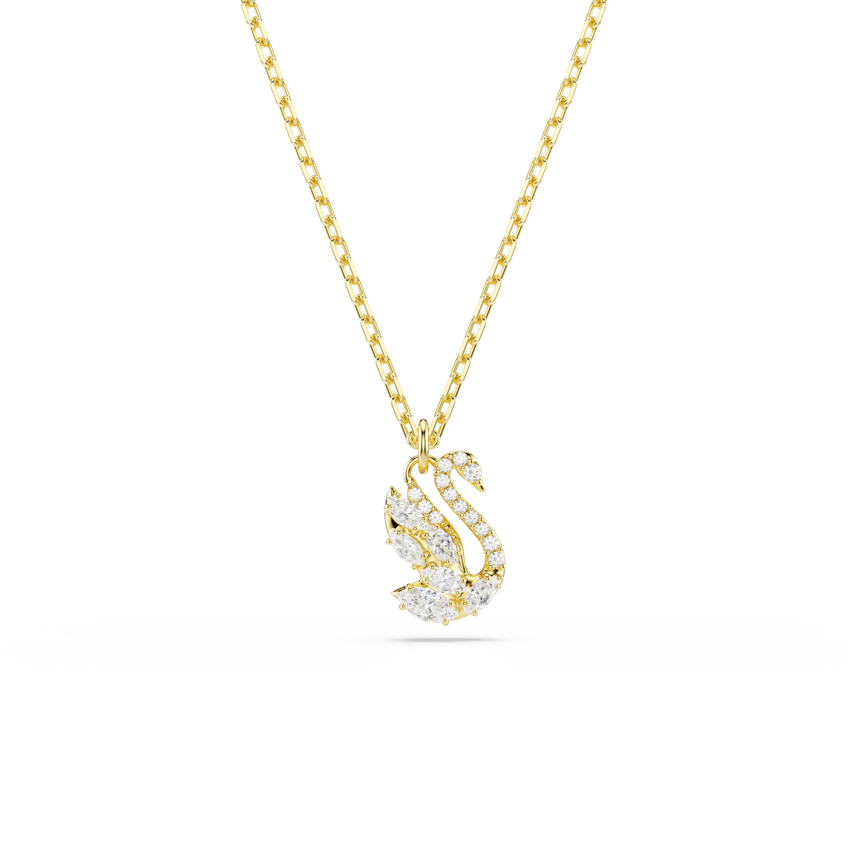 Swan Zincir Kolye, Karışık Kesim, Kuğu, Beyaz, 18K Altın Rengi Yüzey