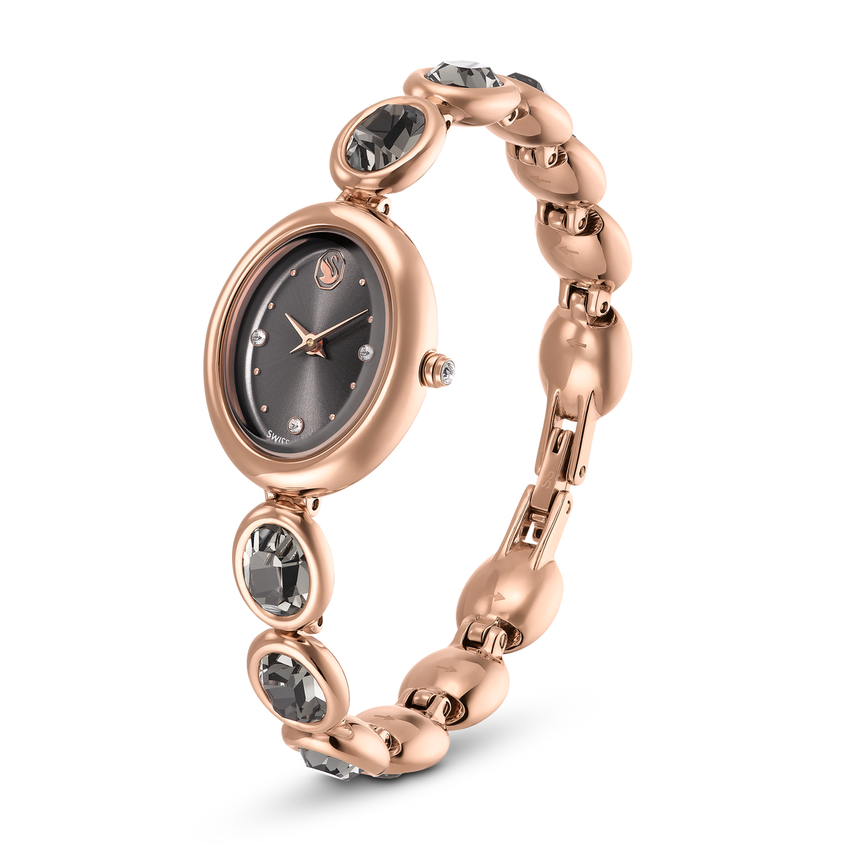 Imber Oval Saat, İsviçre Üretimi, Metal Bileklik, Siyah, Pembe Altın Rengi Yüzey