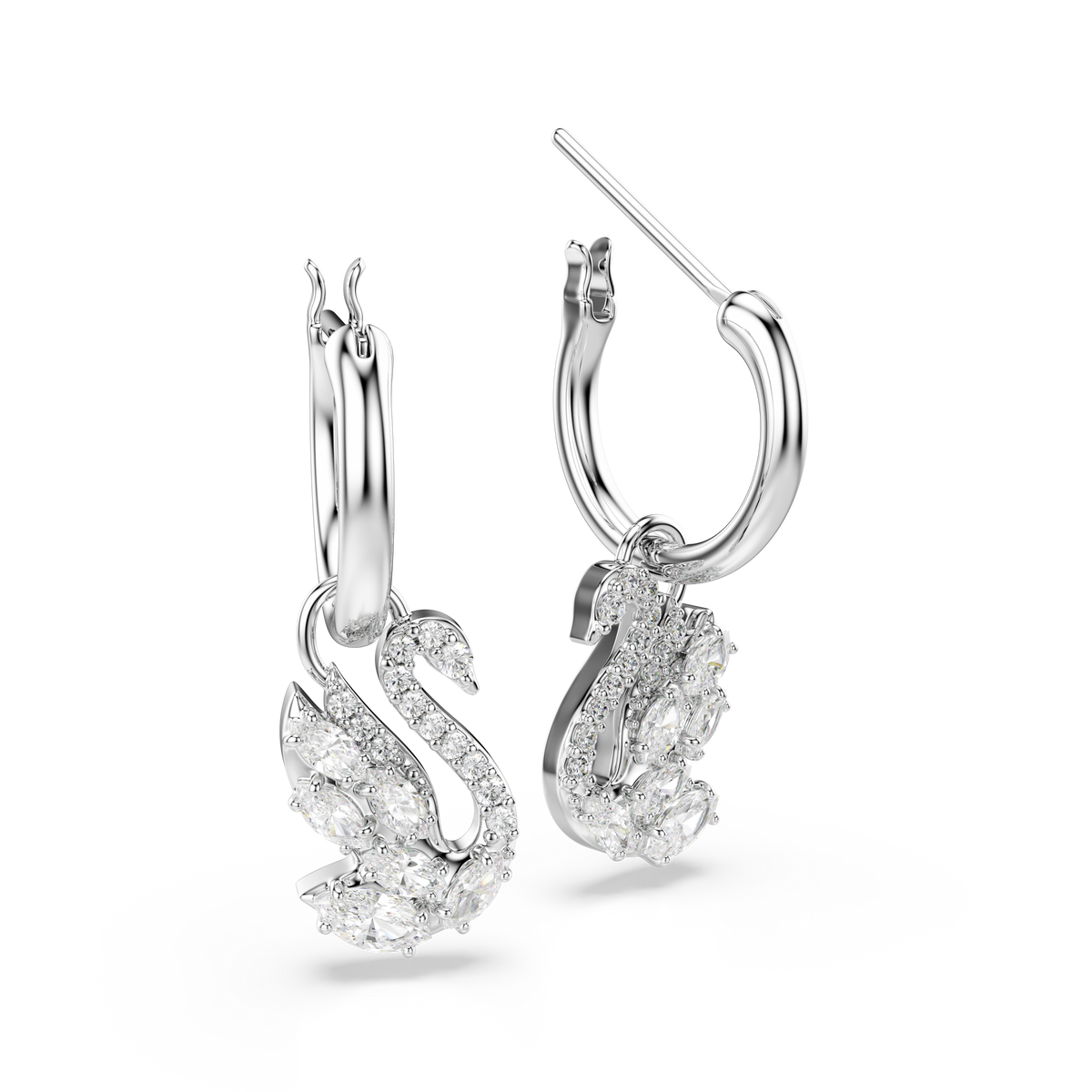 Swan Damla Küpe, Karışık Kesim, Kuğu, Beyaz, Rodyum Kaplama