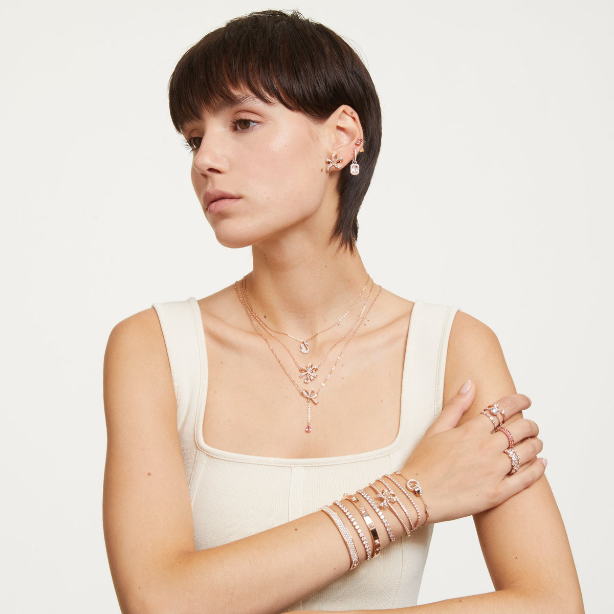 Matrix Tennis Bileklik, Round Cut, Beyaz, Pembe Altın Rengi Kaplama