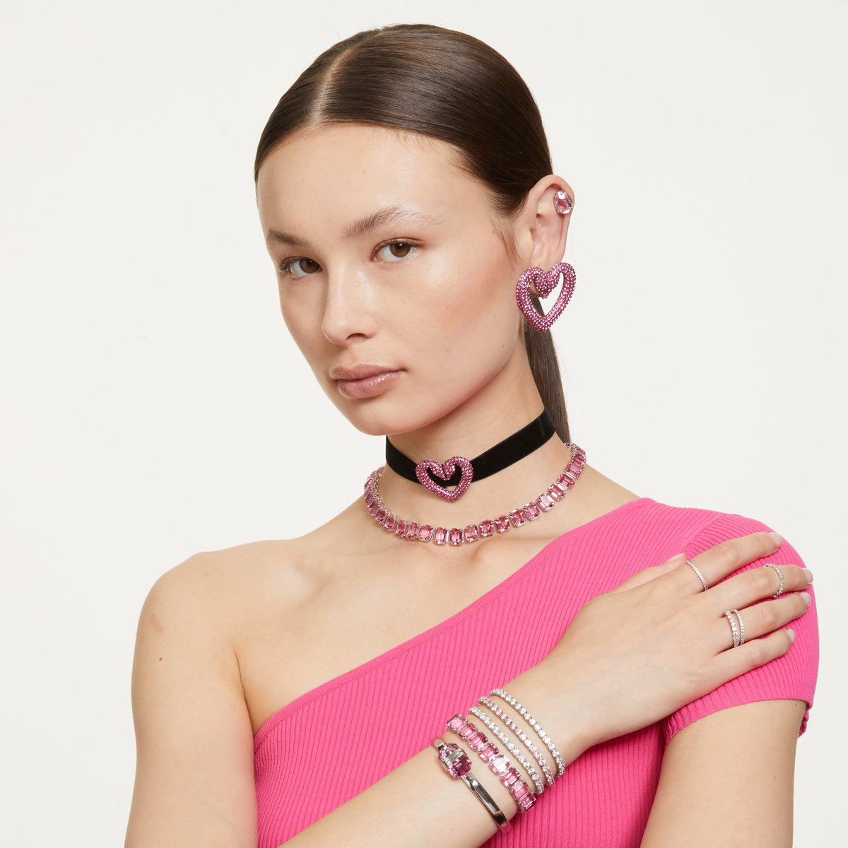 Matrix Tennis Bileklik, Round Cut, Pembe, Rodyum Kaplama
