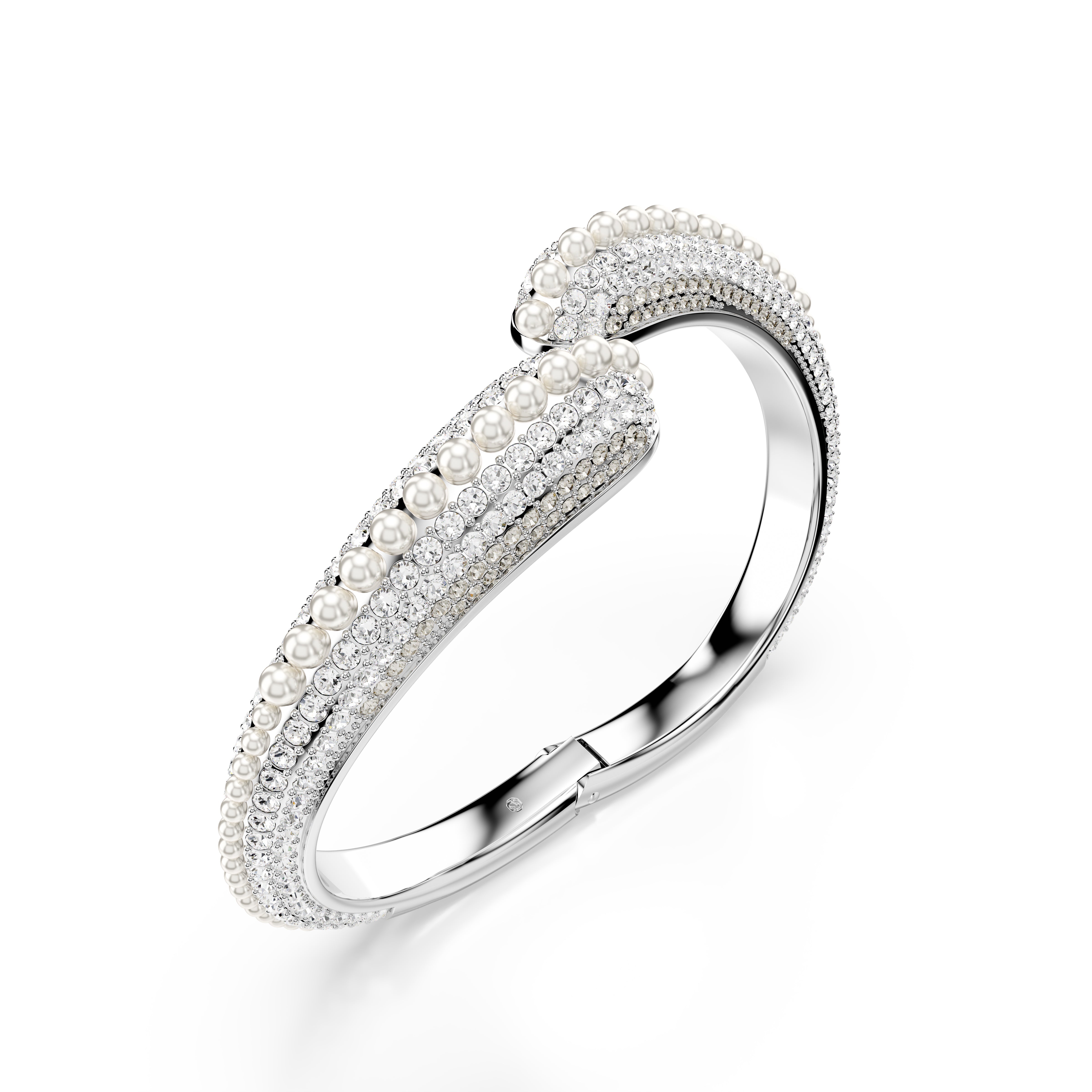 Sublima Kelepçe Bileklik, Kristal İnci, Round Cut, Beyaz, Rodyum Kaplama