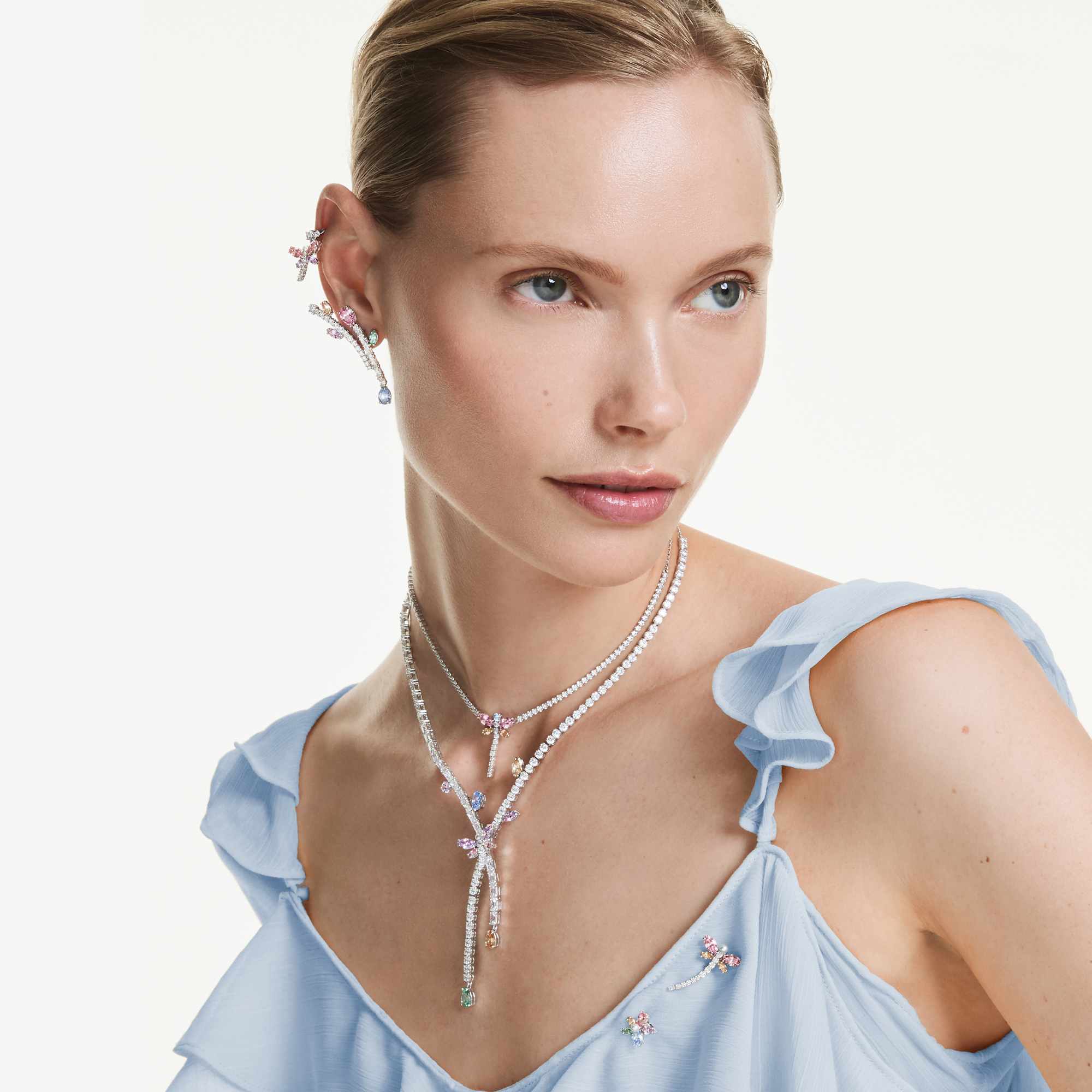 Ariana Grande x Swarovski Tennis Y kolye, Karışık Kesim, Yusufçuk, Çok Renkli, Rodyum Kaplama