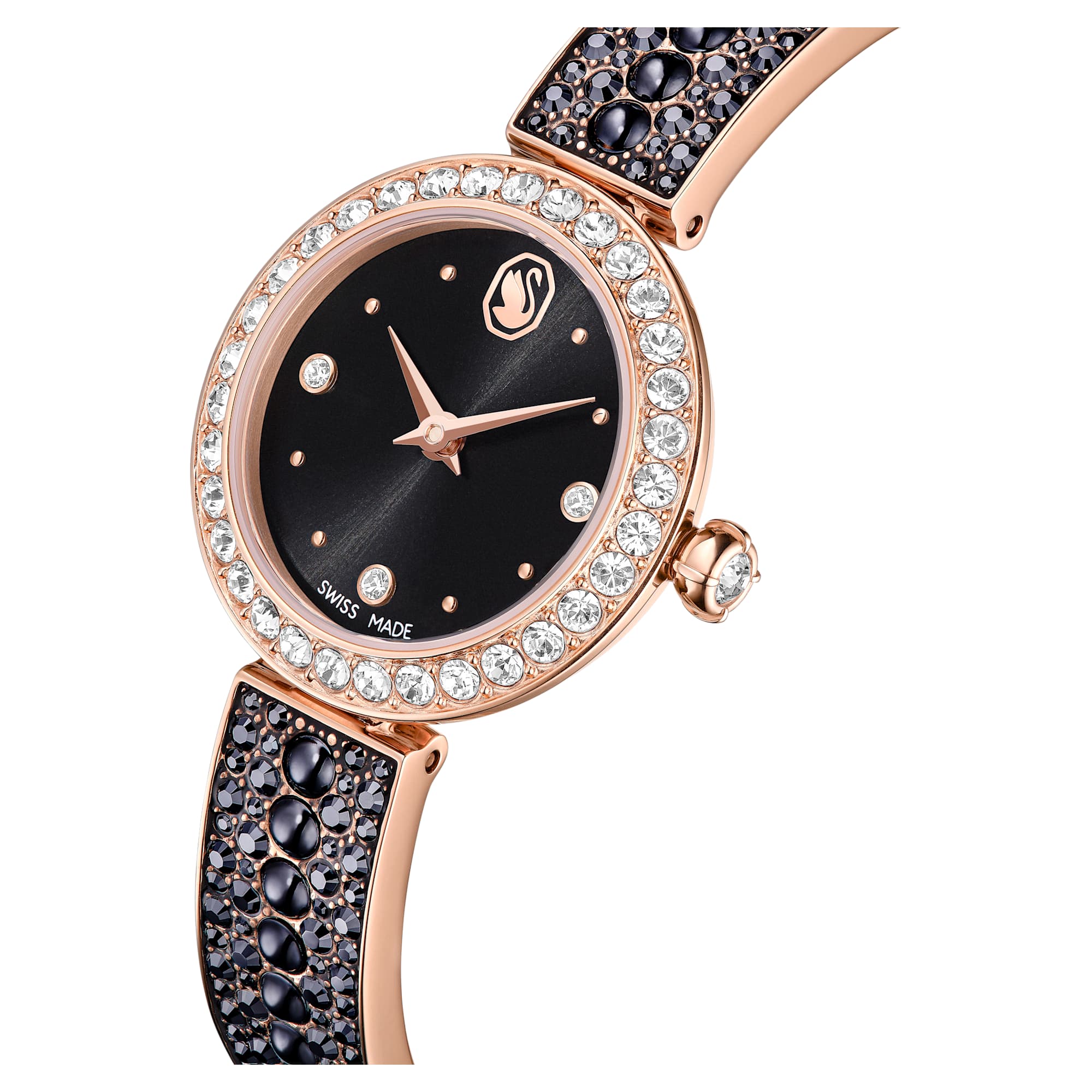 Matrix pearl Bangle Saat, İsviçre Üretimi, Kristal Bileklik, Siyah, Pembe Altın Rengi Kaplama