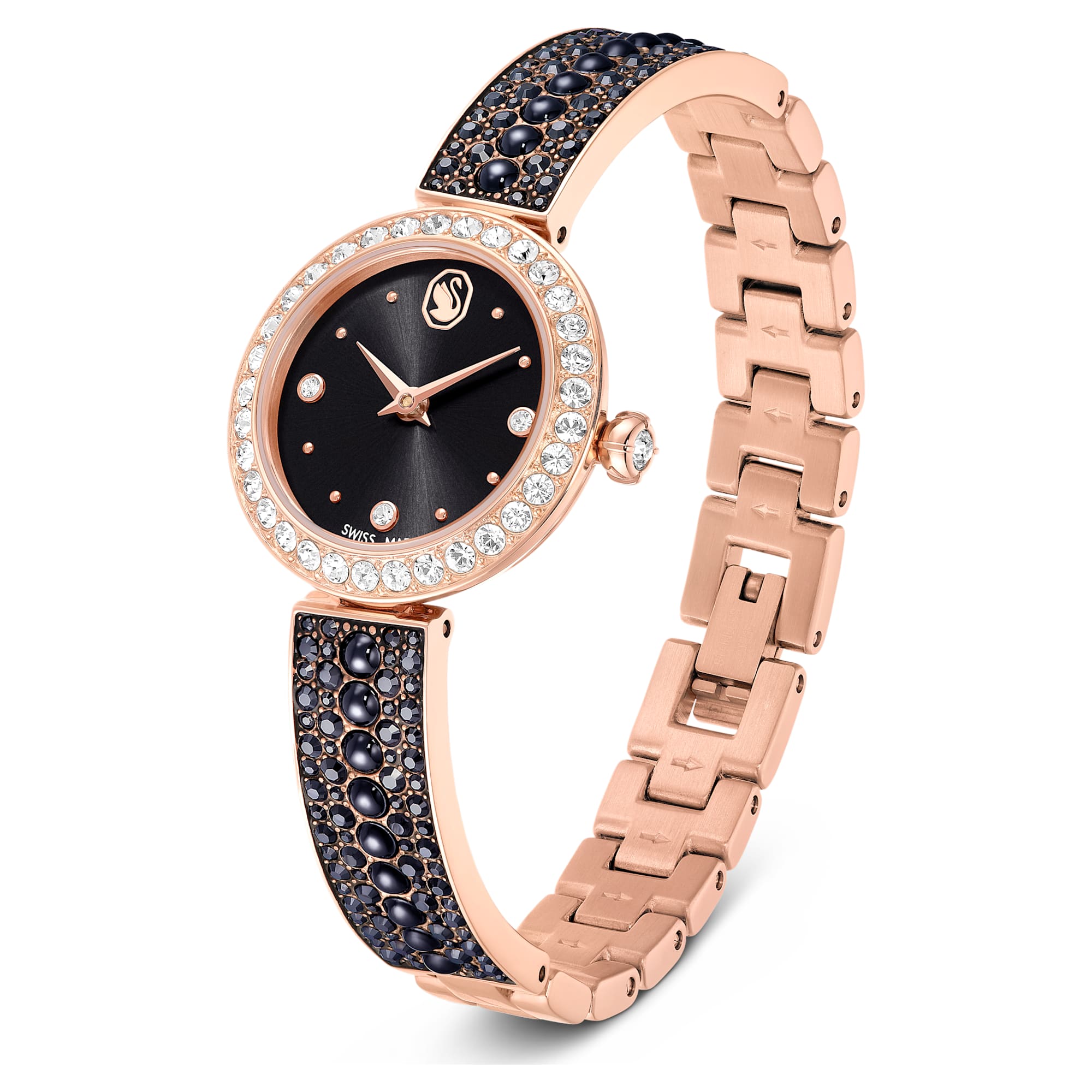 Matrix pearl Bangle Saat, İsviçre Üretimi, Kristal Bileklik, Siyah, Pembe Altın Rengi Kaplama