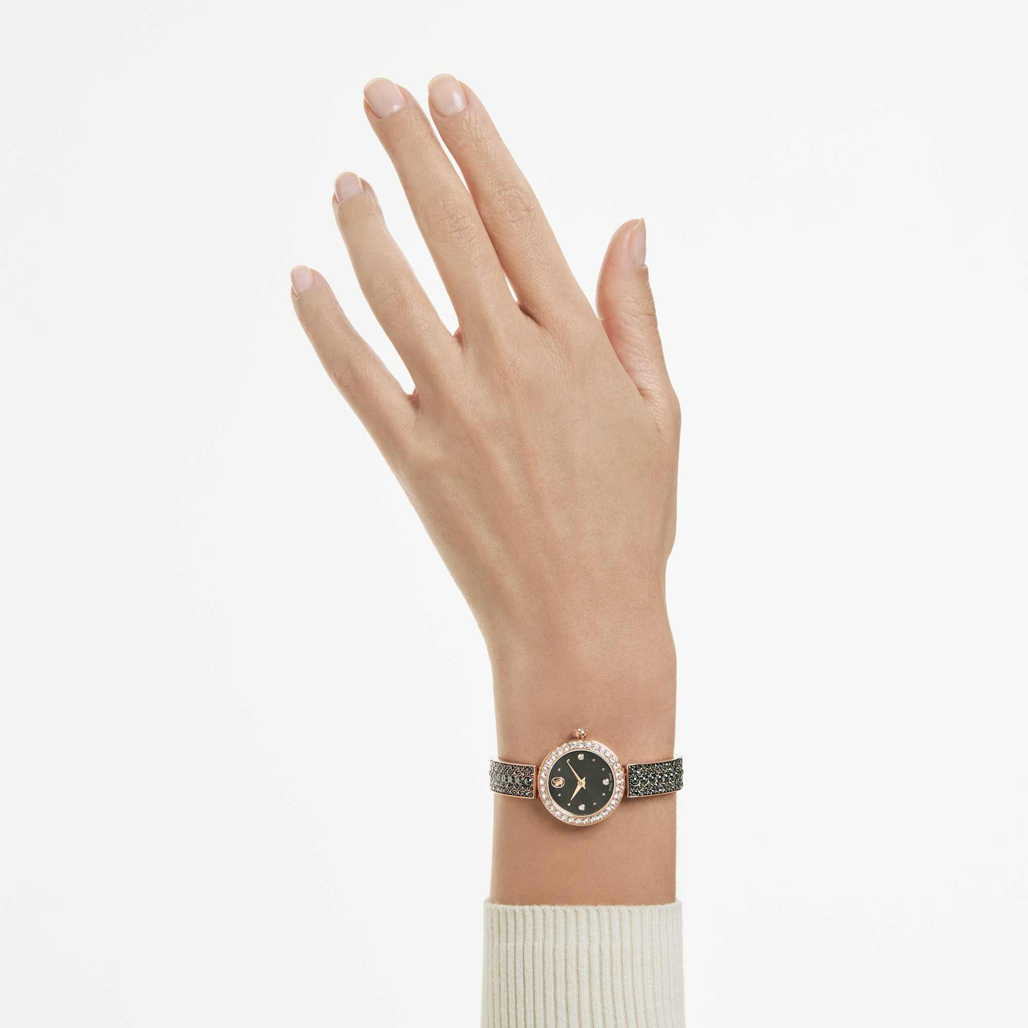 Matrix pearl Bangle Saat, İsviçre Üretimi, Kristal Bileklik, Siyah, Pembe Altın Rengi Kaplama