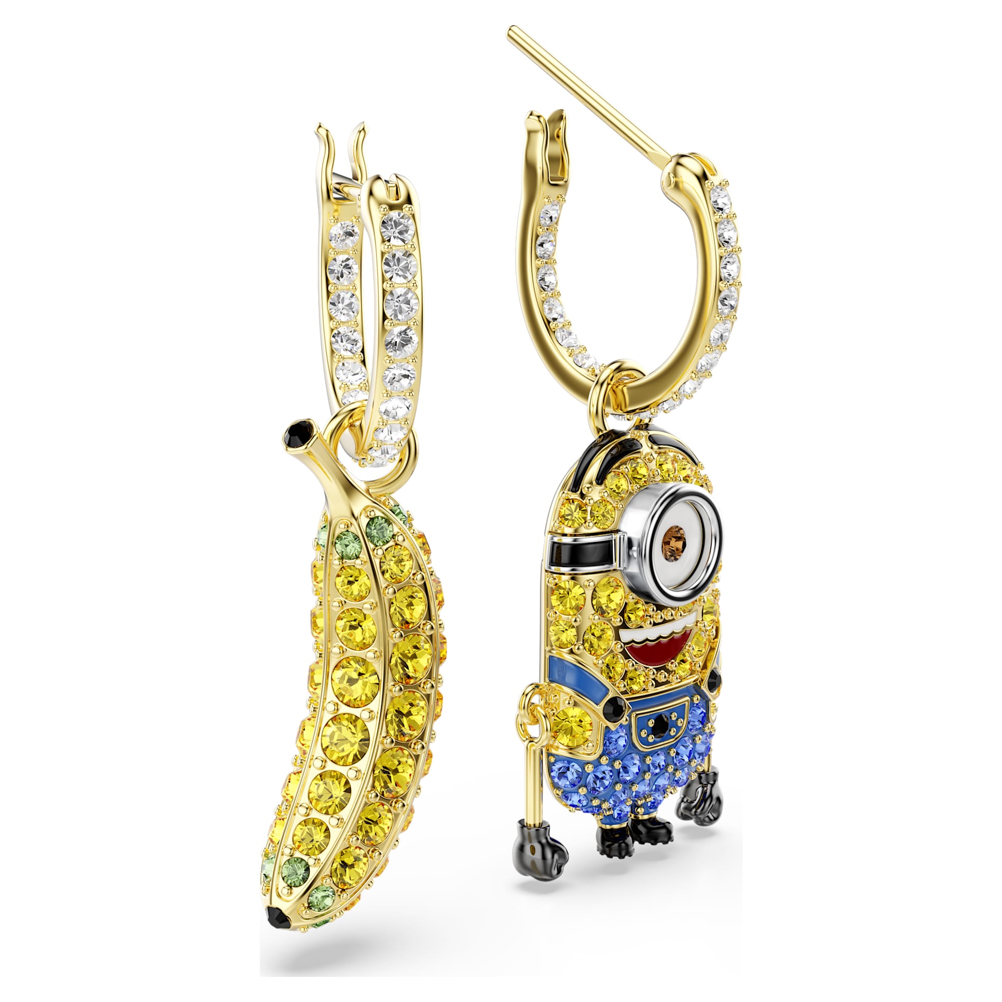 Minions Stuart and Banana Halka Küpe, Pave, Mini, Çok Renkli, Sarı Altın Rengi Kaplama