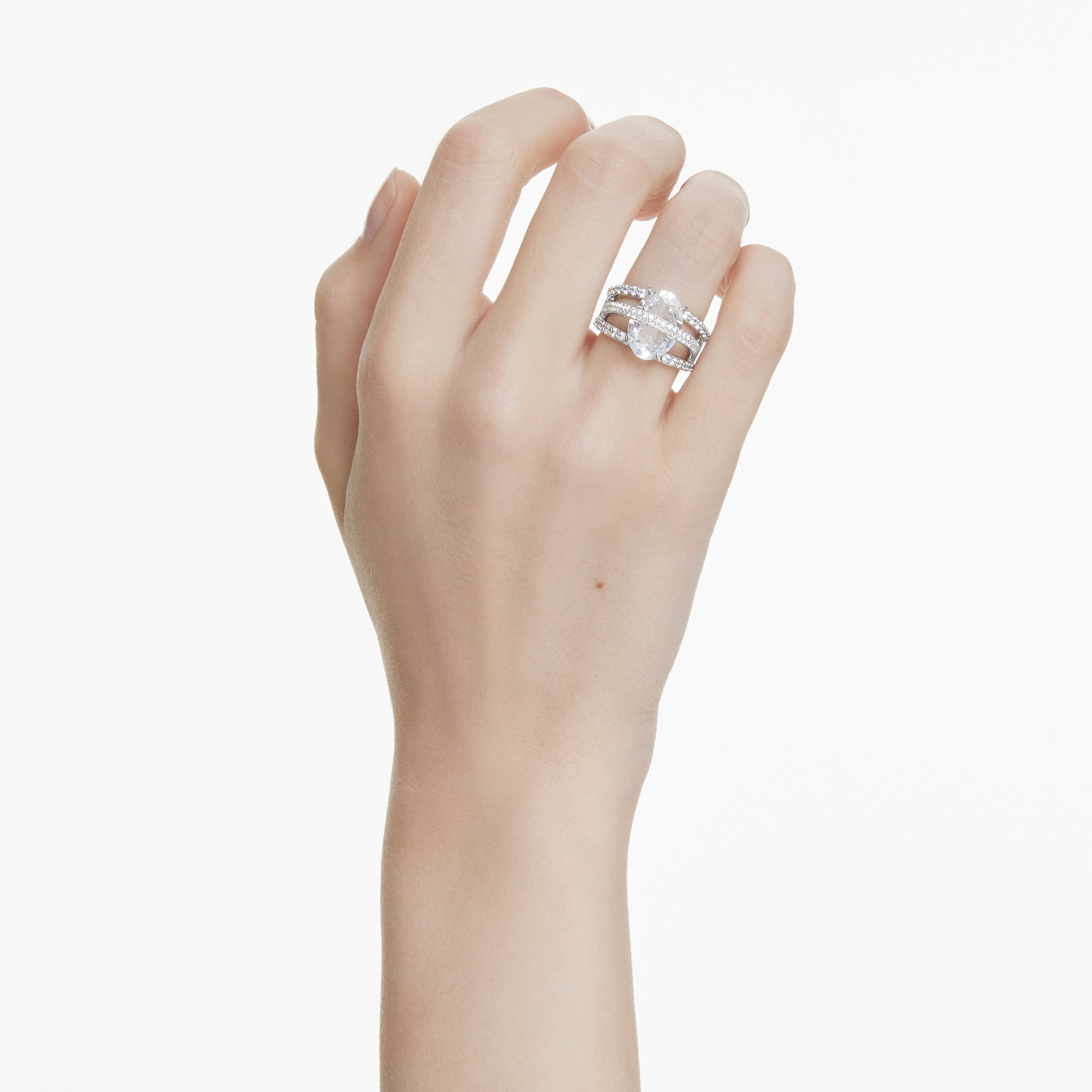 Hyperbola Cocktail Ring, Mixed Cuts, White, Rhodium Plated