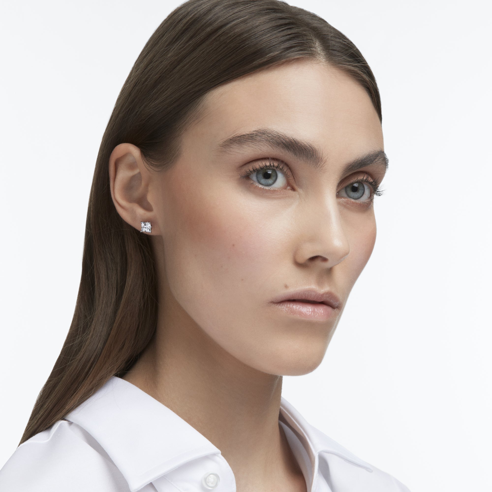 Angelic Stud Küpe, Square Cut, Beyaz, Rodyum Kaplama