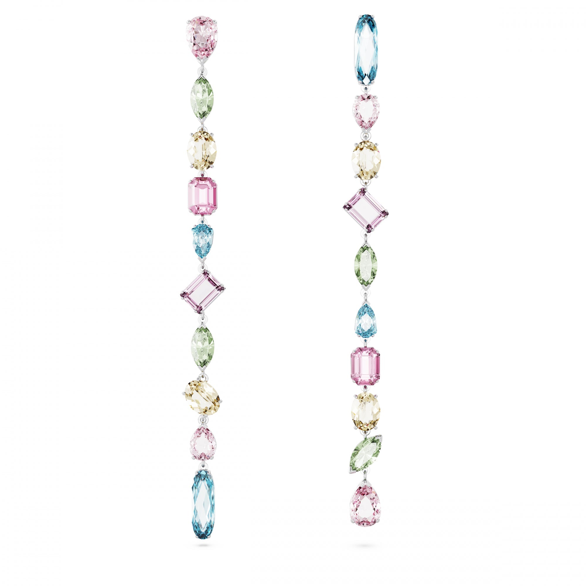 Gema Drop Küpe, Asymmetrical Design, Mixed Cut, Extra Long, Renkli, Rodyum Kaplama