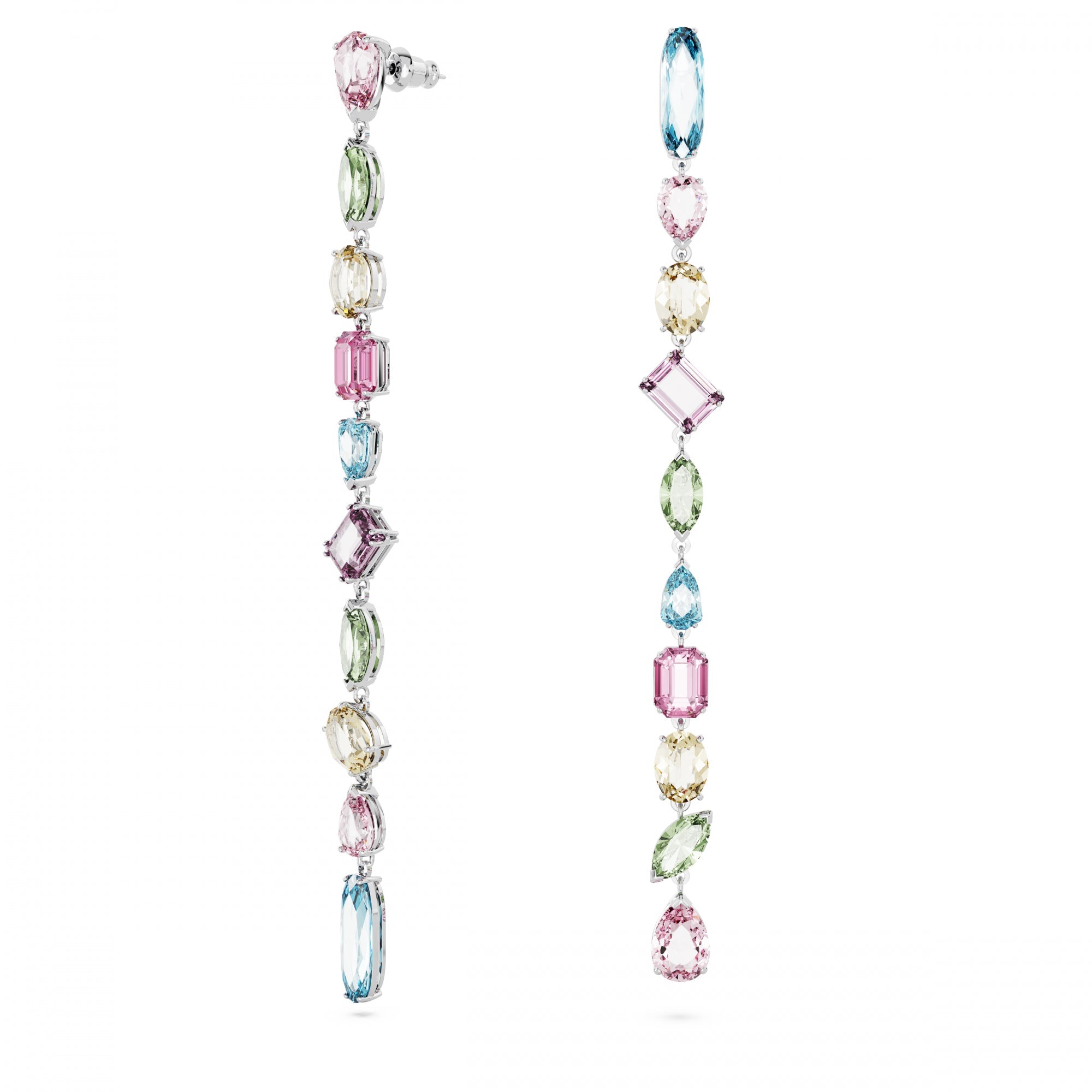 Gema Drop Küpe, Asymmetrical Design, Mixed Cut, Extra Long, Renkli, Rodyum Kaplama