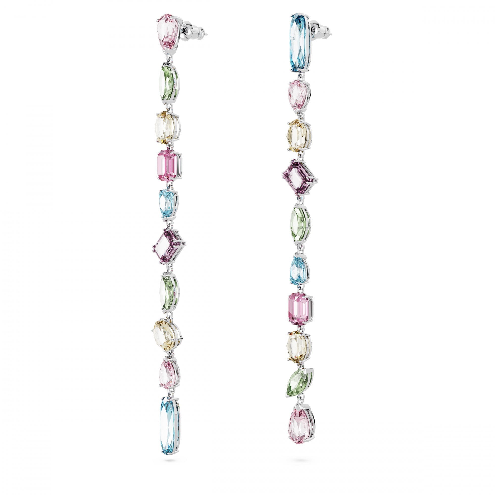 Gema Drop Küpe, Asymmetrical Design, Mixed Cut, Extra Long, Renkli, Rodyum Kaplama