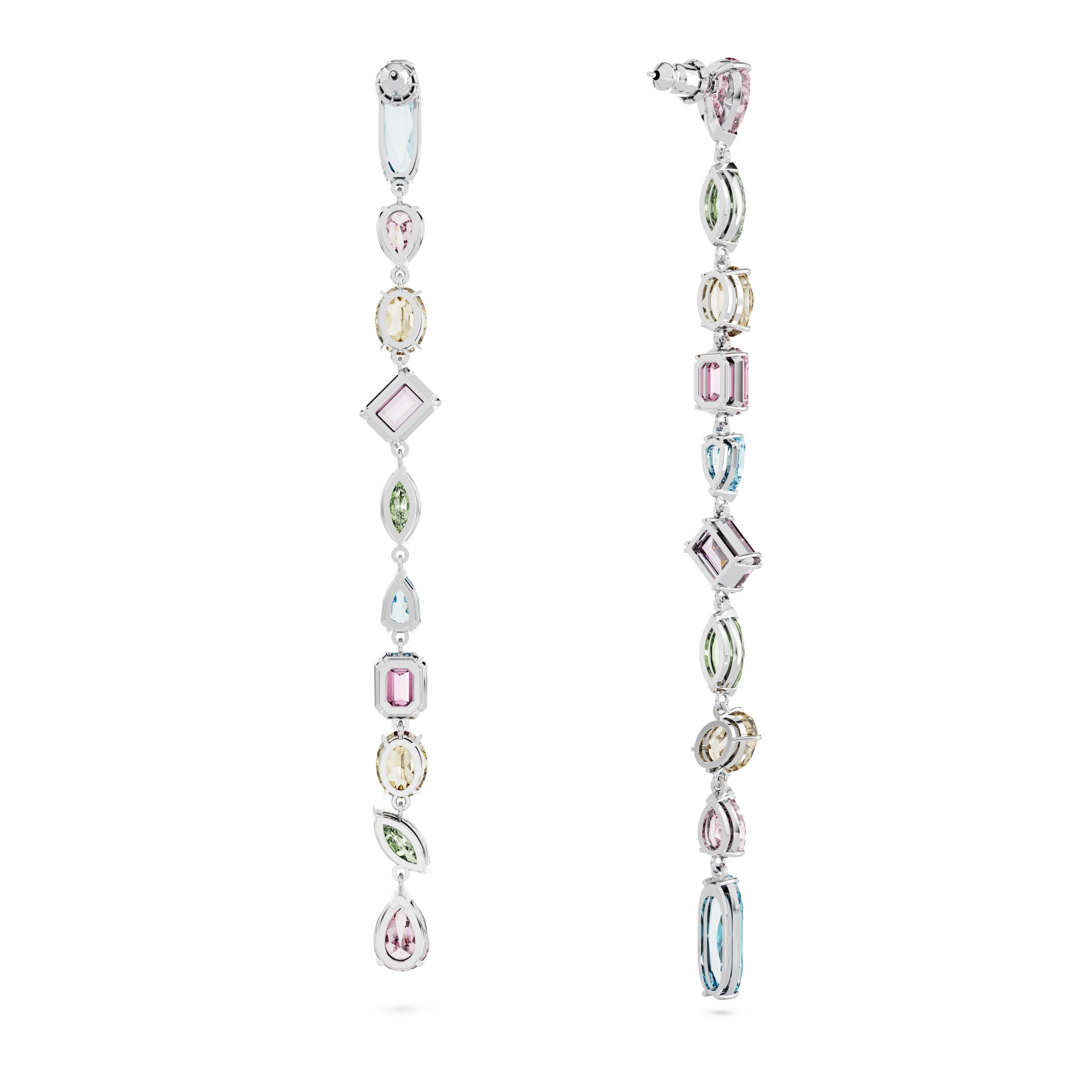 Gema Drop Küpe, Asymmetrical Design, Mixed Cut, Extra Long, Renkli, Rodyum Kaplama