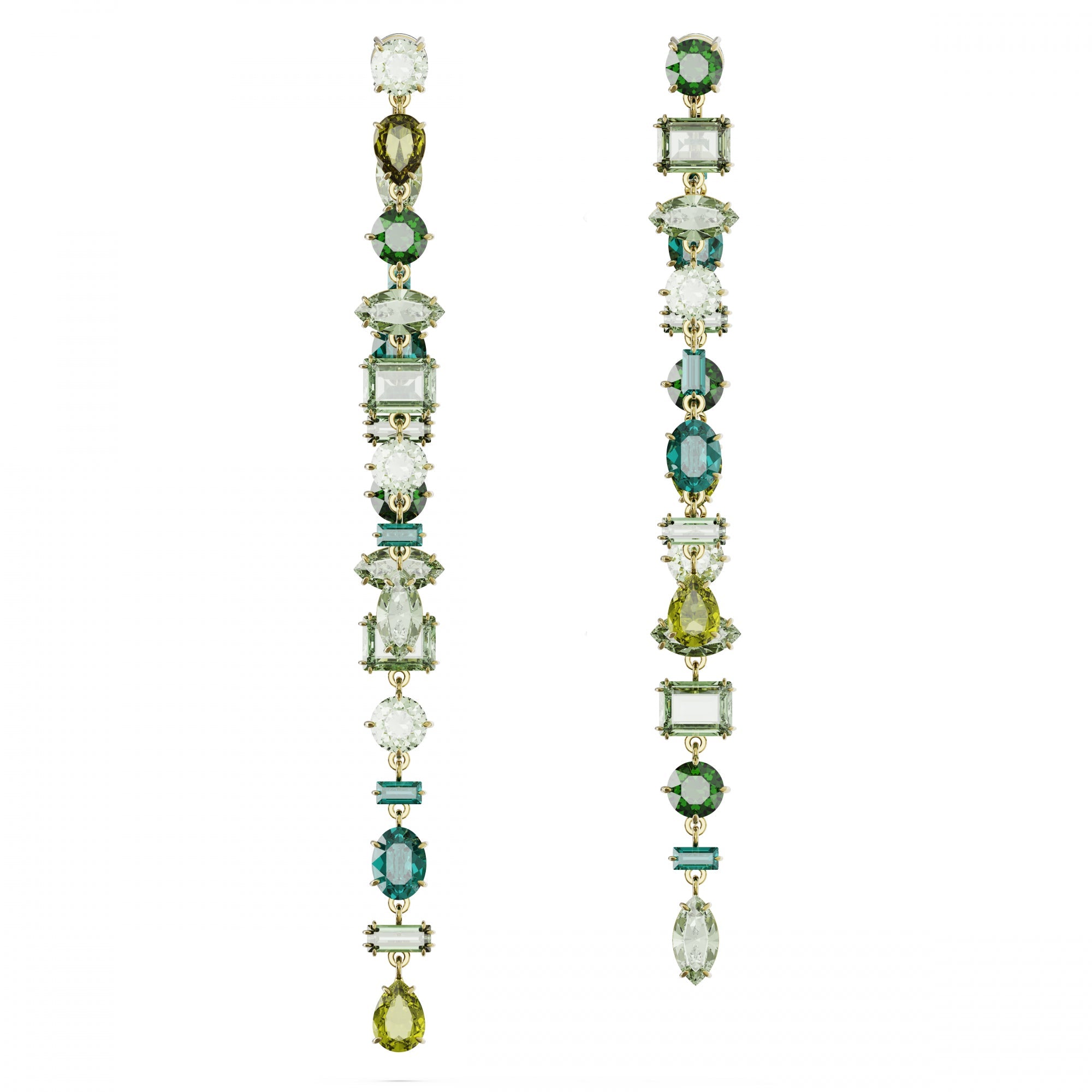 Gema Drop Küpe, Asymmetrical Design, Mixed Cut, Extra Long, Yeşil, Sarı Altın Rengi Kaplama