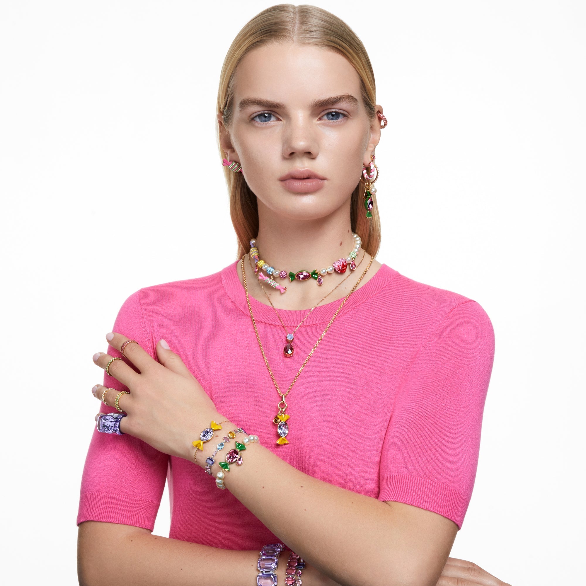 Matrix Hoop Küpe, Baguette Cut, Pembe, Pembe Altın Rengi Kaplama