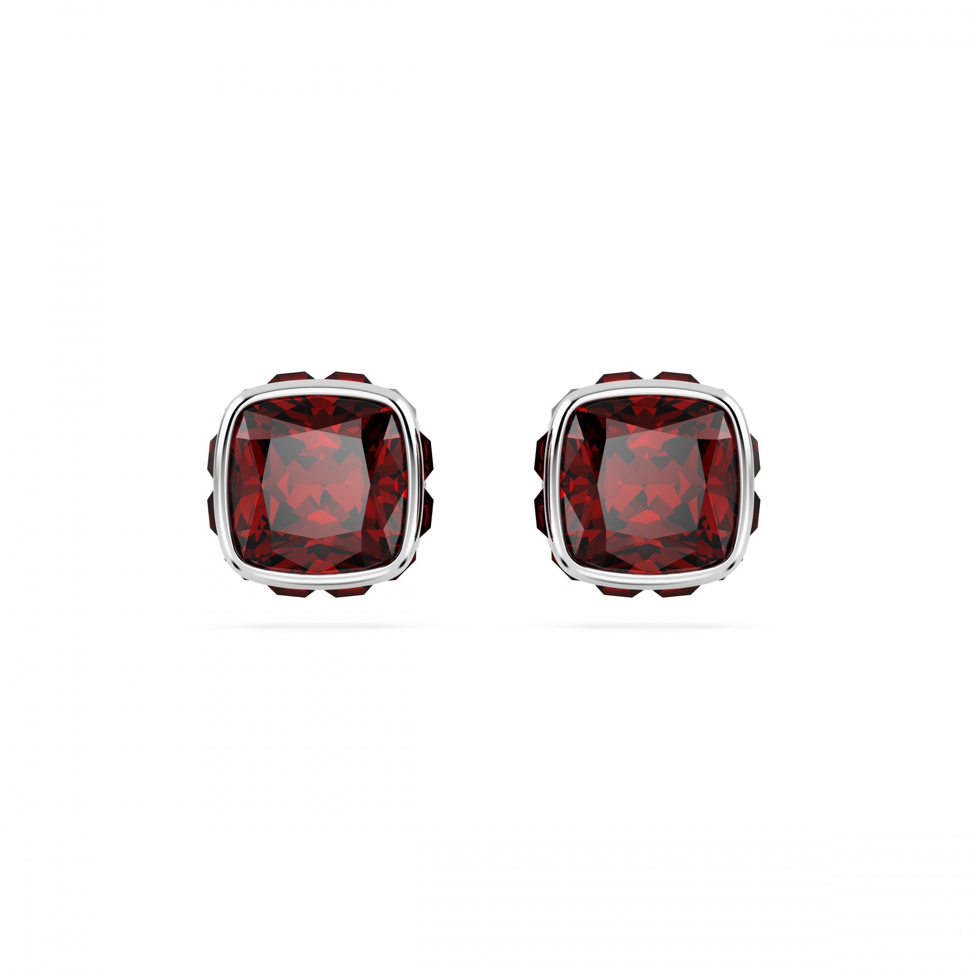 Birthstone Düğme Küpe, Kare Kesim, Ocak, Kırmızı, Rodyum Kaplama