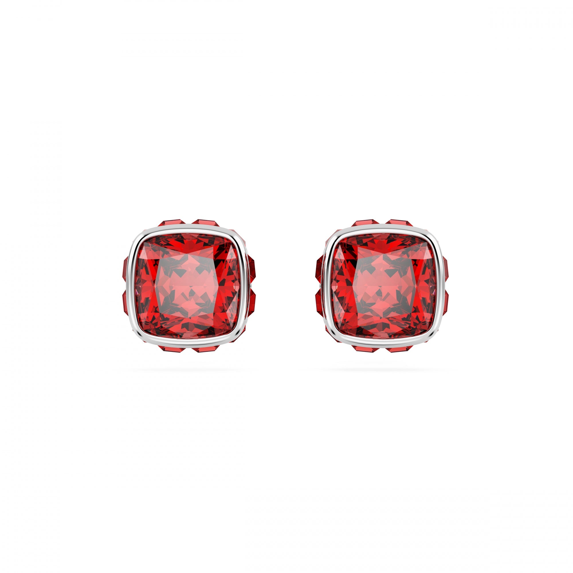 Birthstone Düğme Küpe, Kare Kesim, Temmuz, Kırmızı, Rodyum Kaplama