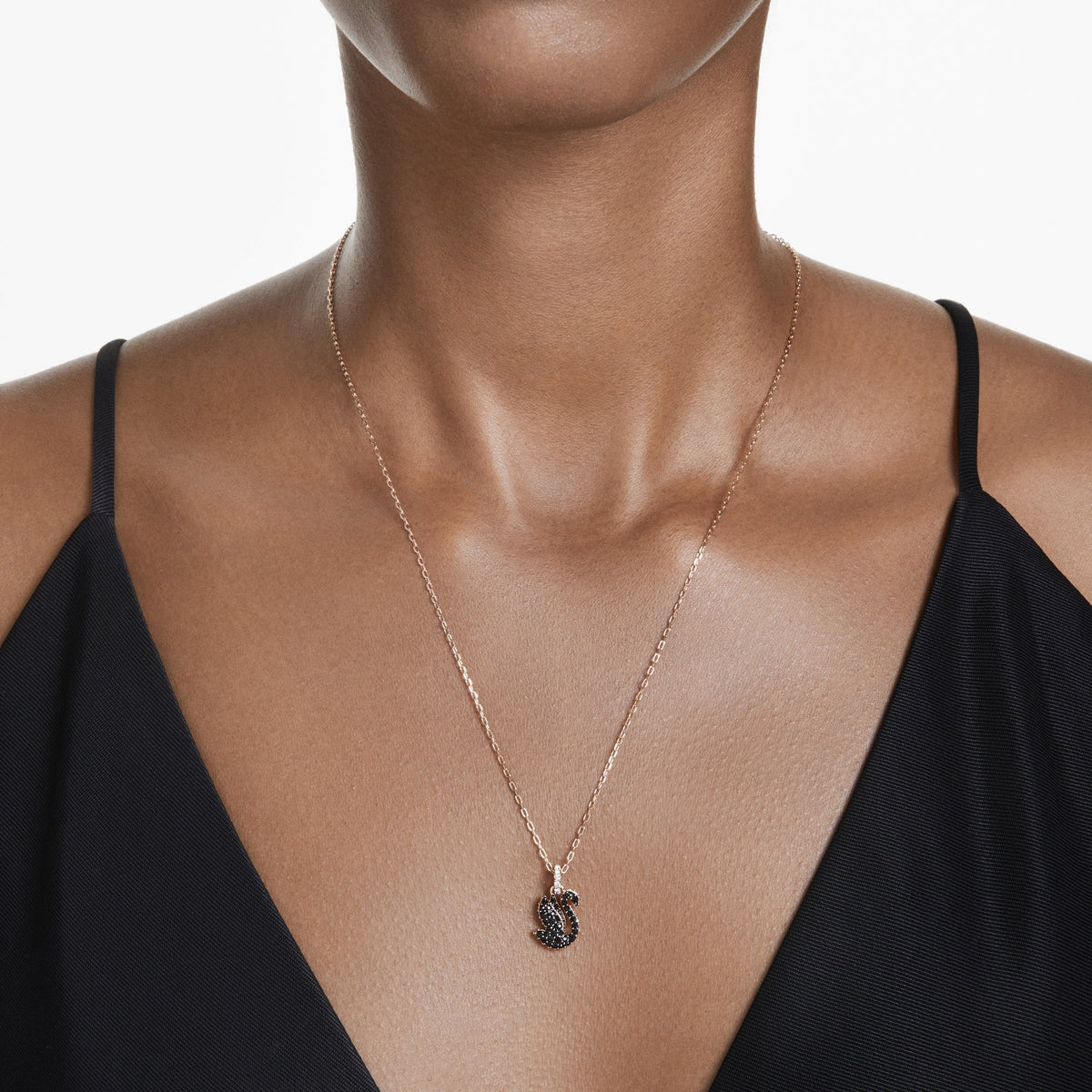 Swarovski Swan Kolye, Kuğu, XXS, Siyah, Pembe Altın Rengi Kaplama