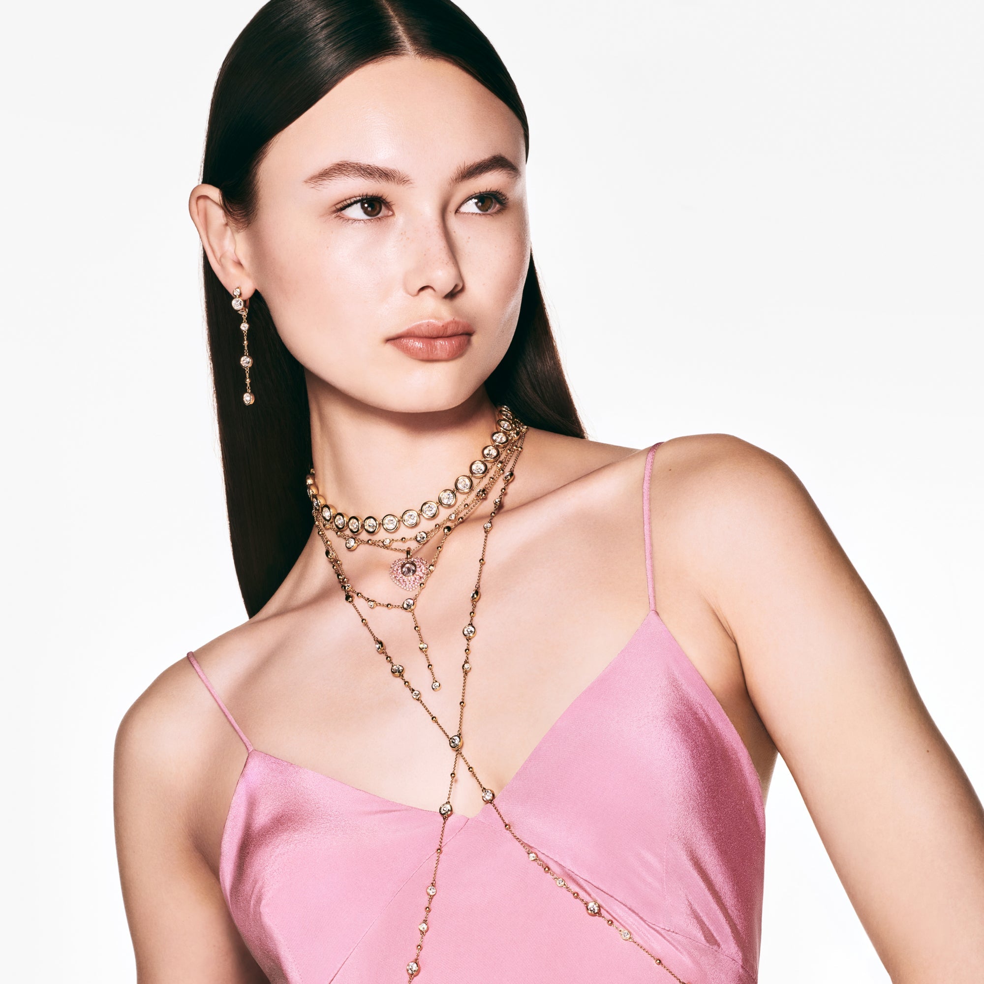 Imber Y-Kolye, Round Cut, Scattered Design, Beyaz, Altın Rengi Kaplama