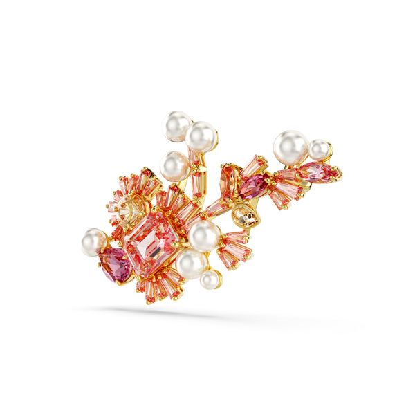 Gema Broş, Mixed Cut, Flower, Pembe, Altin Rengi Kaplama